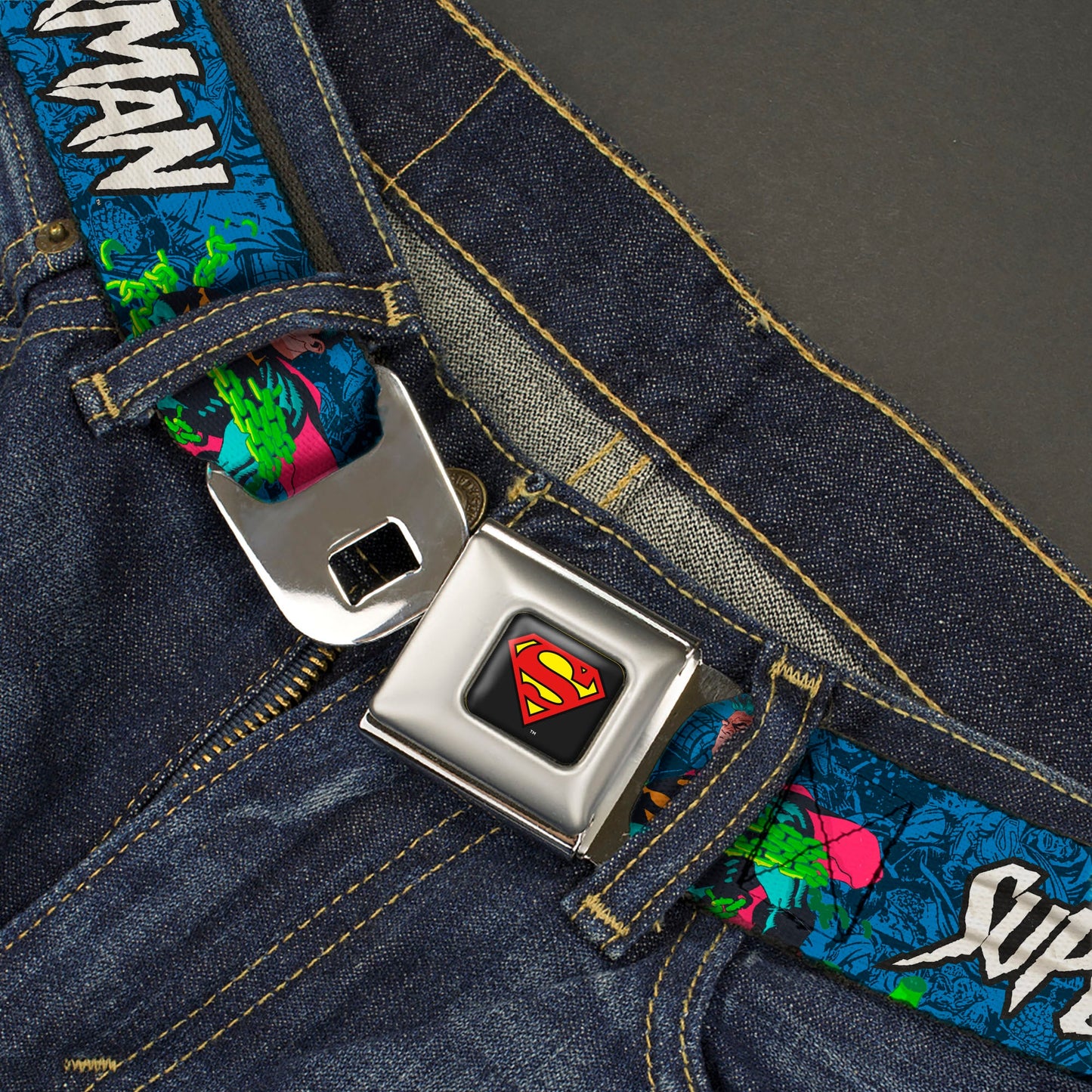 Superman Shield Logo Full Color Black Seatbelt Belt - SUPERMAN Breaking Chains Force for Good Pose and Text Blues Webbing
