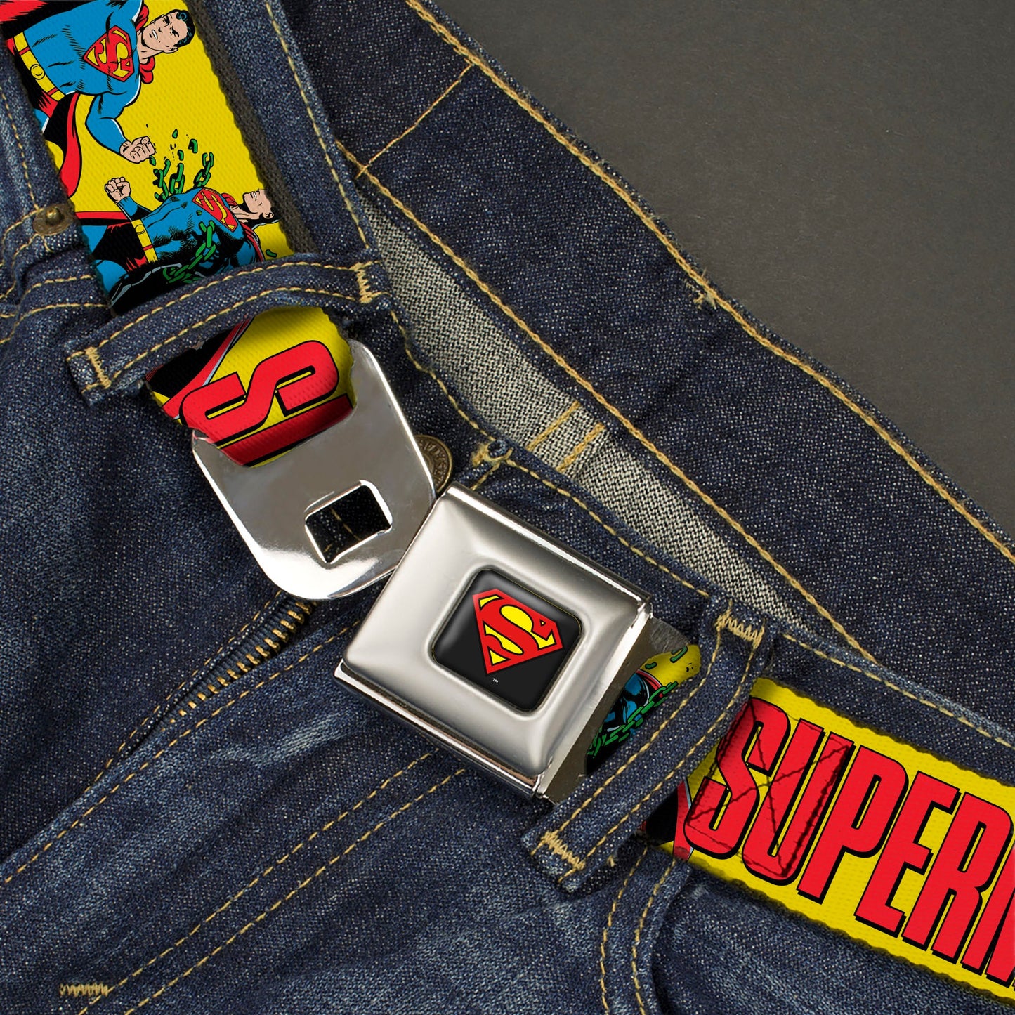 Superman Shield Logo Full Color Black Seatbelt Belt - SUPERMAN Action Poses and Text Yellow/Red Webbing