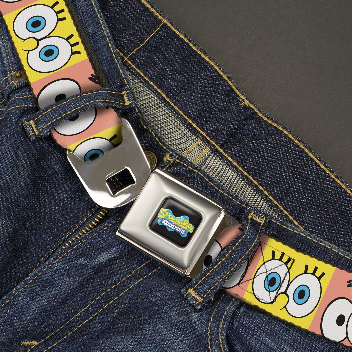 SpongeBob SquarePants Logo Full Color Black/Blues Seatbelt Belt - SpongeBob SquarePants and Patrick Star Eye Blocks Yellow/Pink Webbing