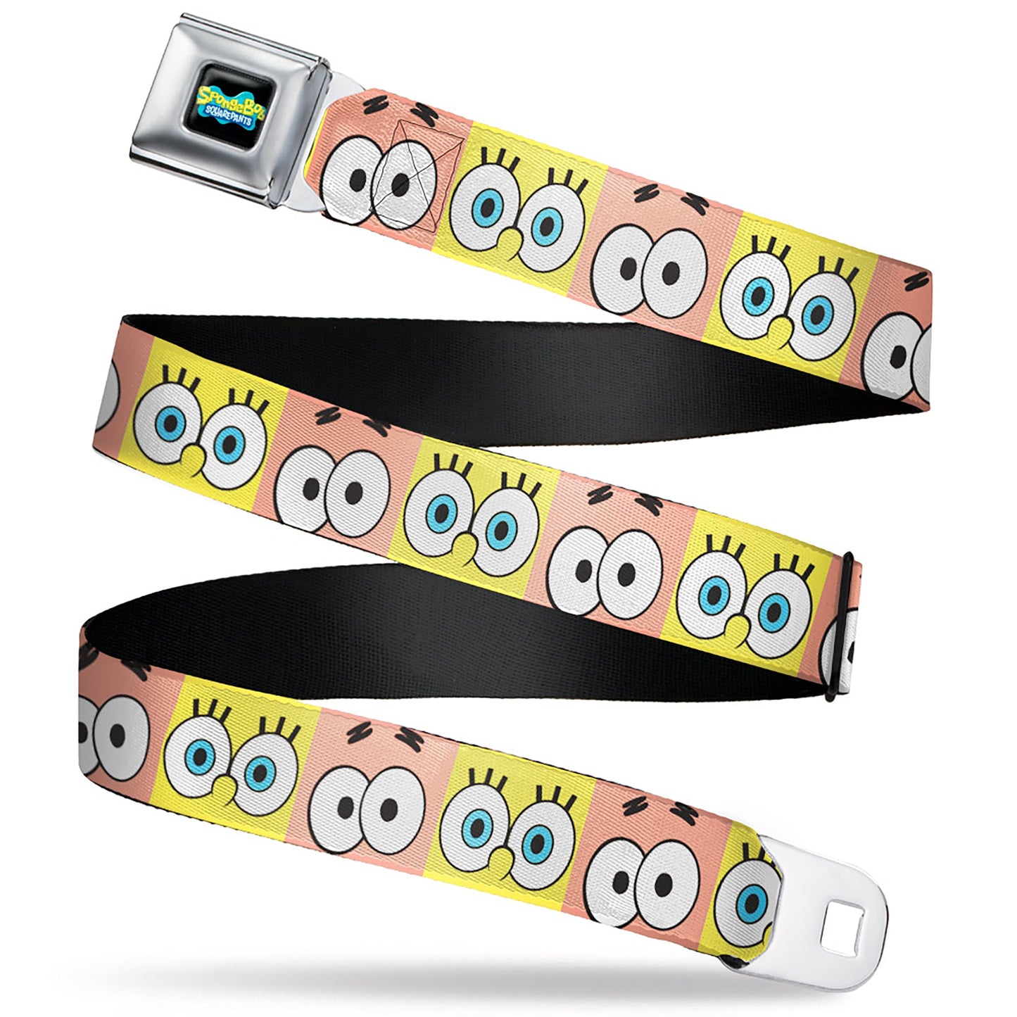 SpongeBob SquarePants Logo Full Color Black/Blues Seatbelt Belt - SpongeBob SquarePants and Patrick Star Eye Blocks Yellow/Pink Webbing