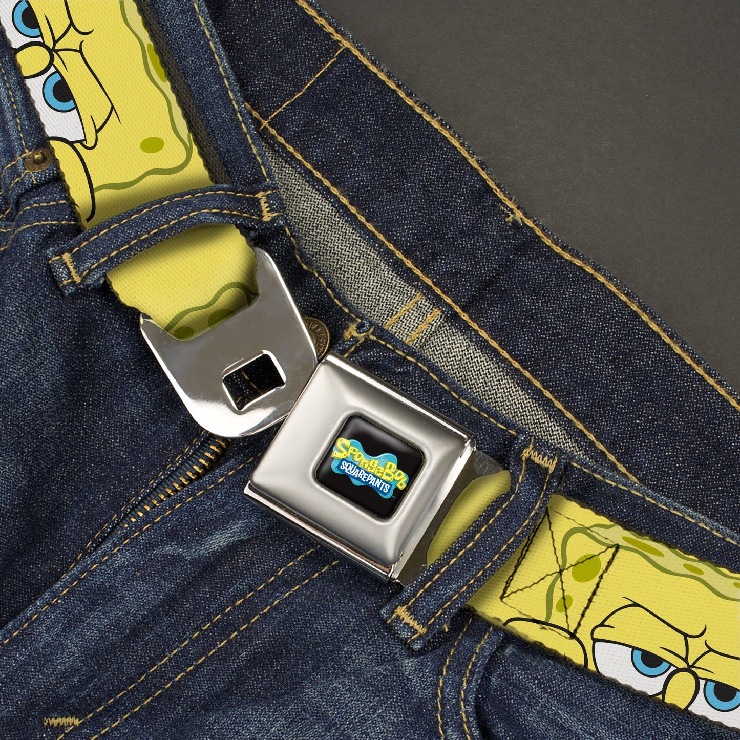 SpongeBob SquarePants Logo Full Color Black/Blues Seatbelt Belt - SpongeBob SquarePants Close-Up Face Yellow Webbing