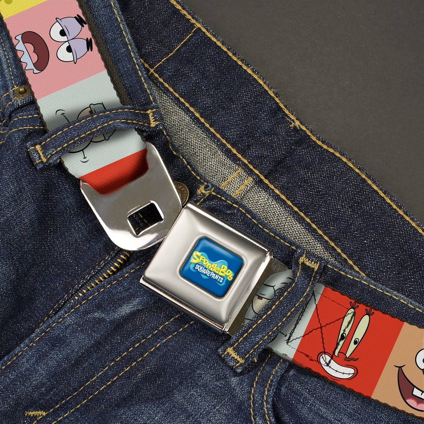 SpongeBob SquarePants Logo Full Color Blues Seatbelt Belt - SpongeBob SquarePants and Friends Expression Blocks Multi Color Webbing