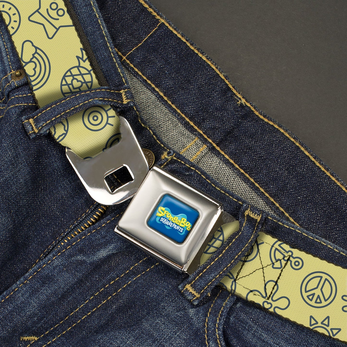 SpongeBob SquarePants Logo Full Color Blues Seatbelt Belt - SpongeBob SquarePants and Friends Line Art Collage Yellow/Gray Webbing