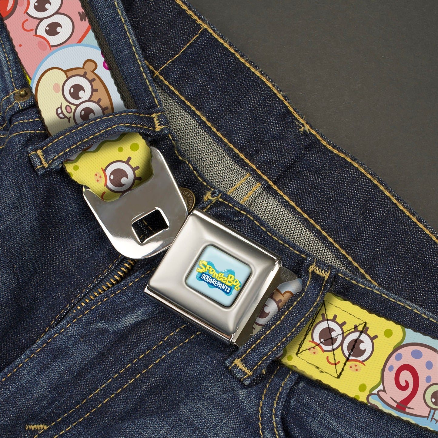 SPONGEBOB SQUAREPANTS Title Logo Full Color Blues/Yellow Seatbelt Belt - SpongeBob SquarePants and Friends Close-Up Face Light Blue Webbing