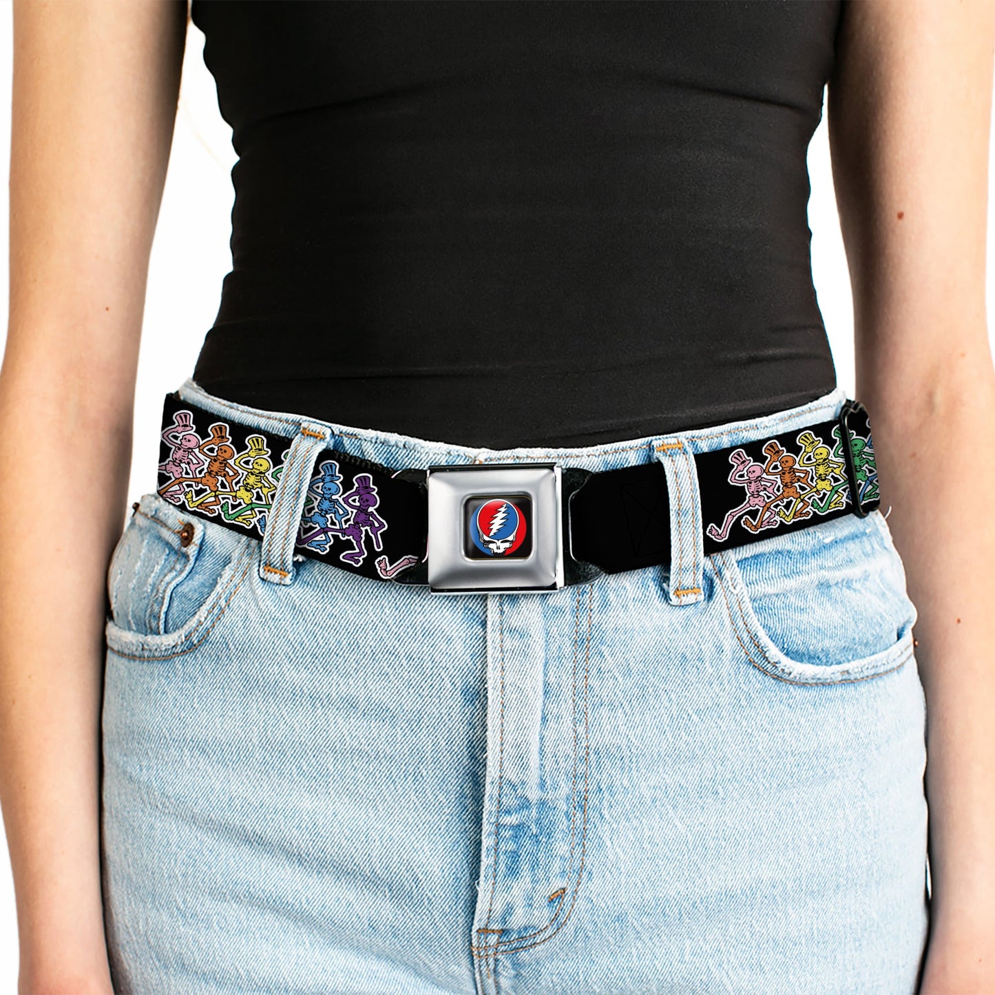 Steal Your Face Seatbelt Belt - Dancing Skeletons Black/Multi Color Webbing