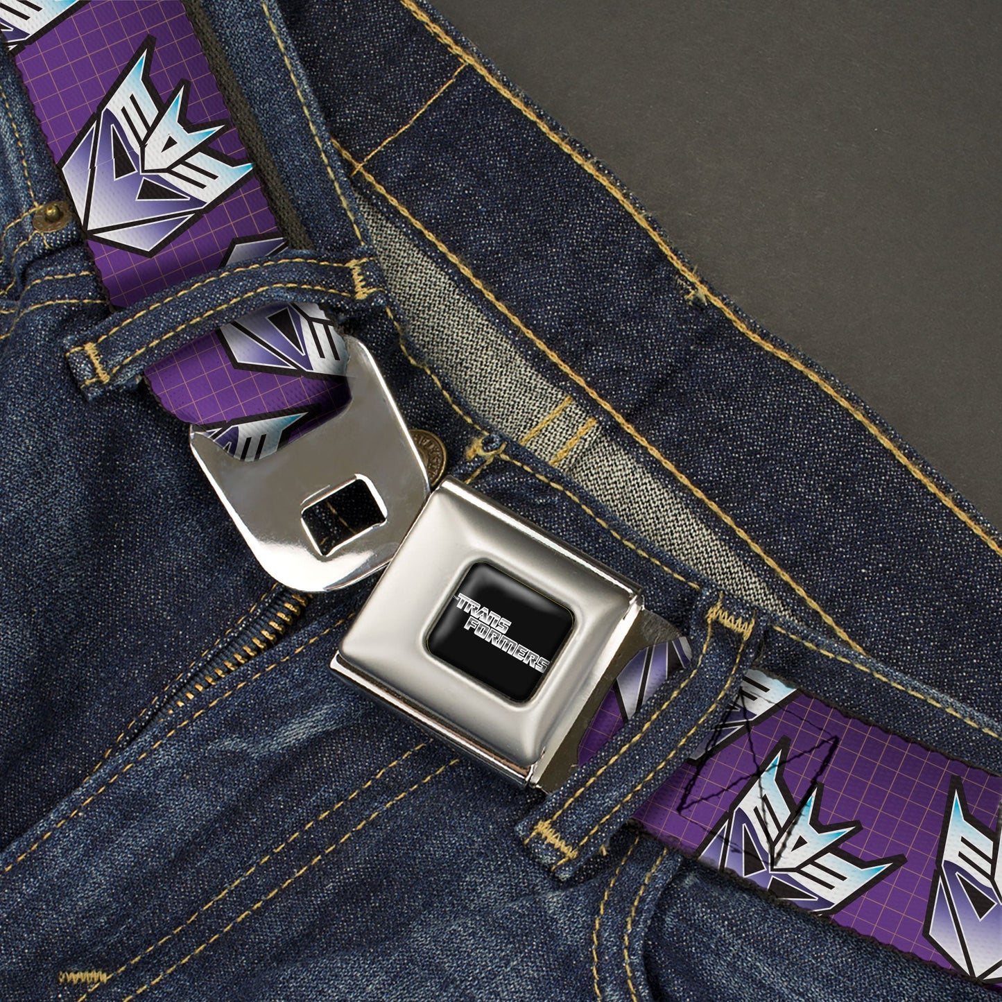 TRANSFORMERS Title Logo Full Color Black/White Seatbelt Belt - Transformers Decepticons Icon Scattered Grids Purples Webbing