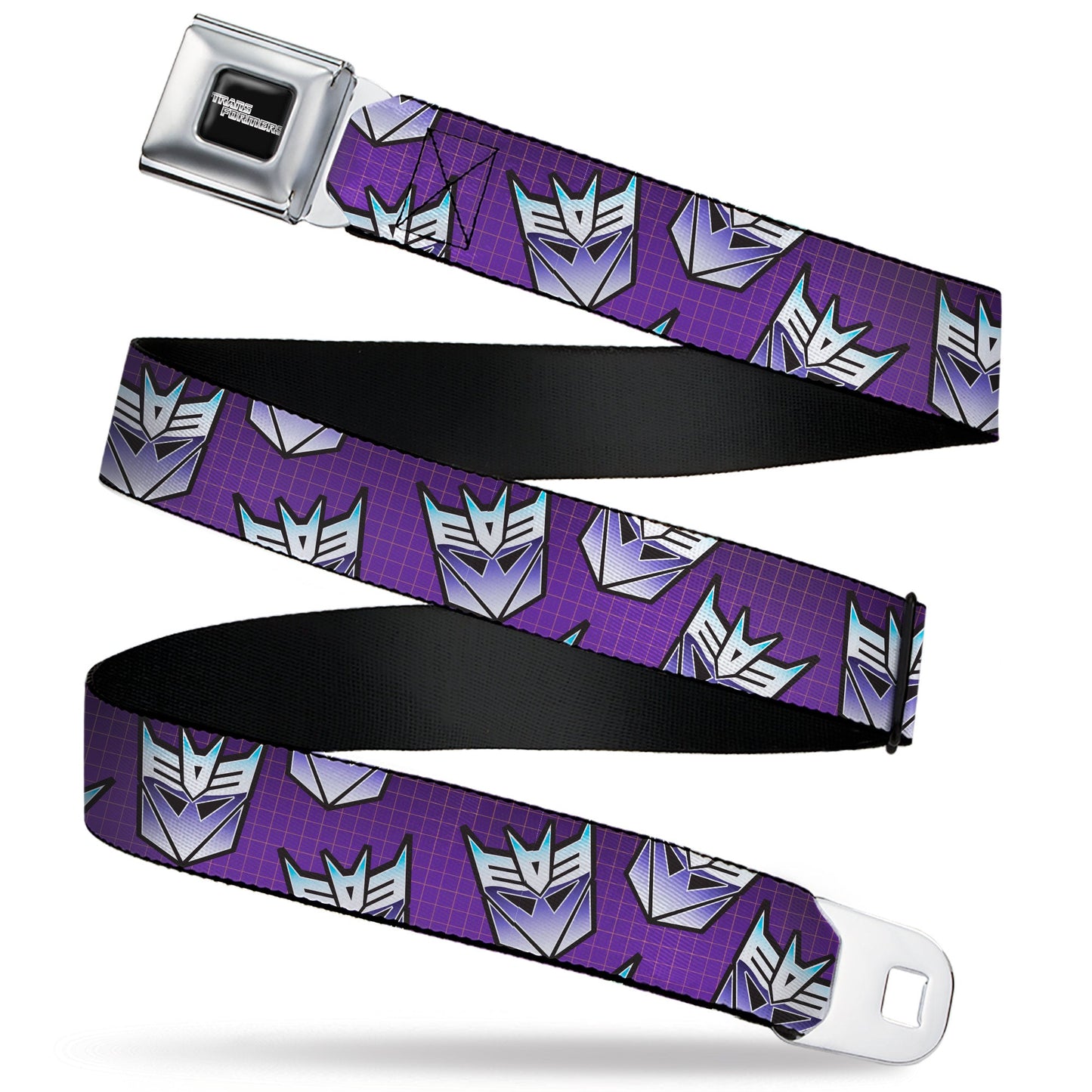 TRANSFORMERS Title Logo Full Color Black/White Seatbelt Belt - Transformers Decepticons Icon Scattered Grids Purples Webbing
