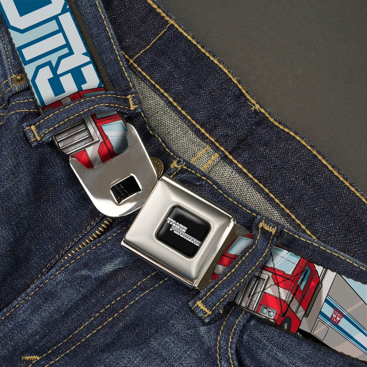 TRANSFORMERS Title Logo Full Color Black/White Seatbelt Belt - Transformers AUTOBOTS Optimus Prime Semi Truck Collage Light Blue Webbing