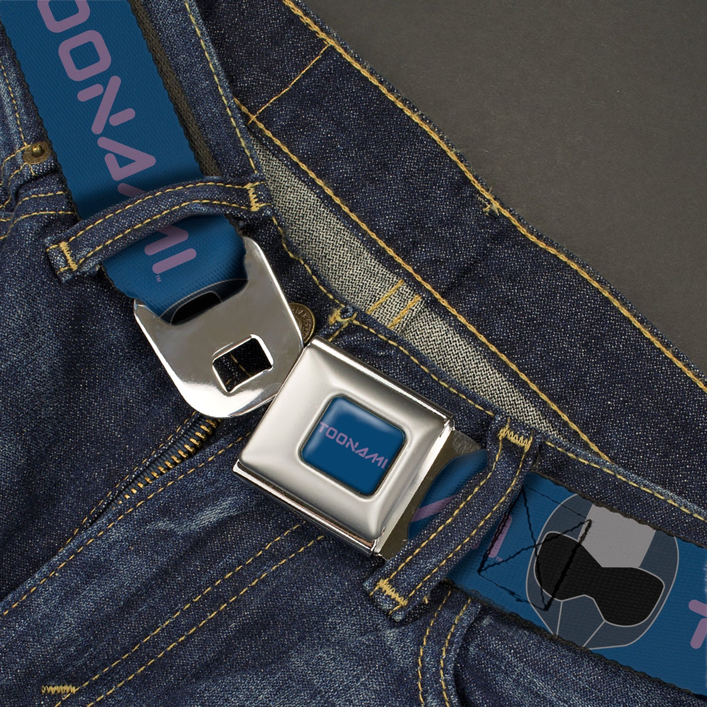 TOONAMI Title Logo Full Color Blue/Purple Seatbelt Belt - TOONAMI Title Logo and Robot TOM Head Blue/Purple/Grays Webbing