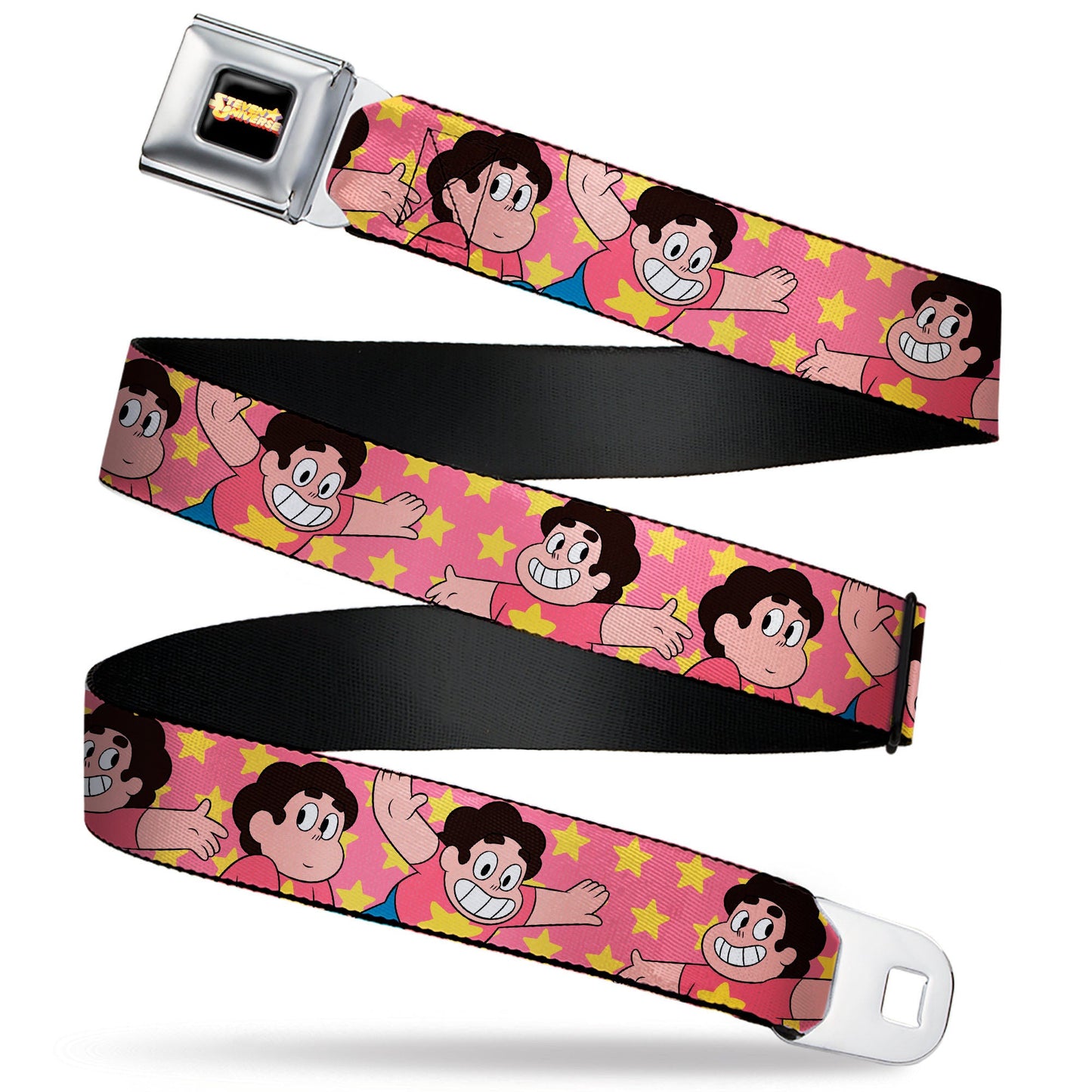 STEVEN UNIVERSE Title Logo Full Color Black Seatbelt Belt - Steven Universe Poses and Stars Pink/Yellow Webbing