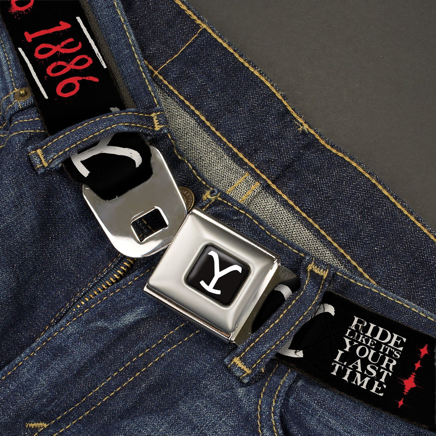 Yellowstone Y Logo Full Color Black/White Seatbelt Belt - YELLOWSTONE Dutton Ranch 1886 Icons Black/White/Red Webbing