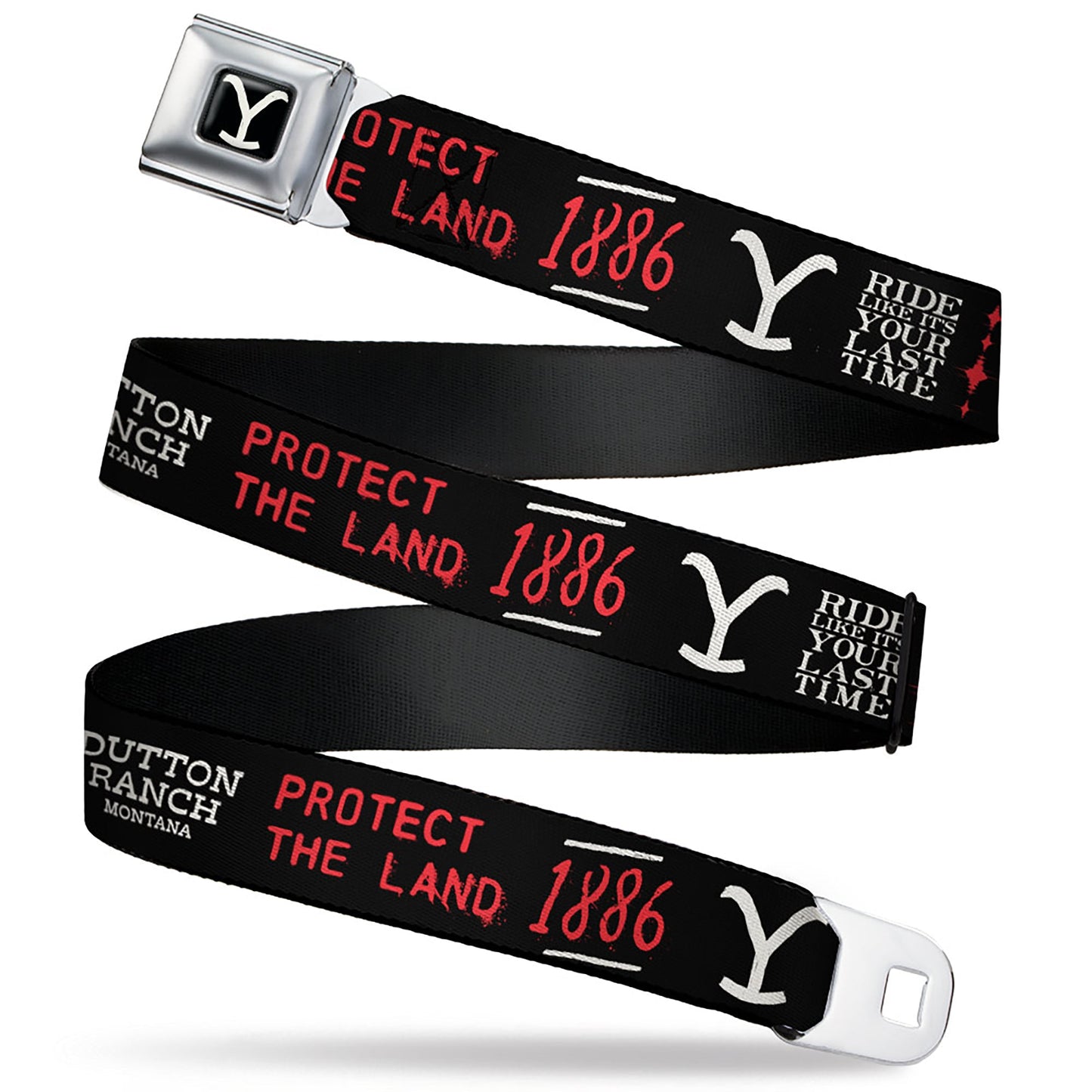 Yellowstone Y Logo Full Color Black/White Seatbelt Belt - YELLOWSTONE Dutton Ranch 1886 Icons Black/White/Red Webbing