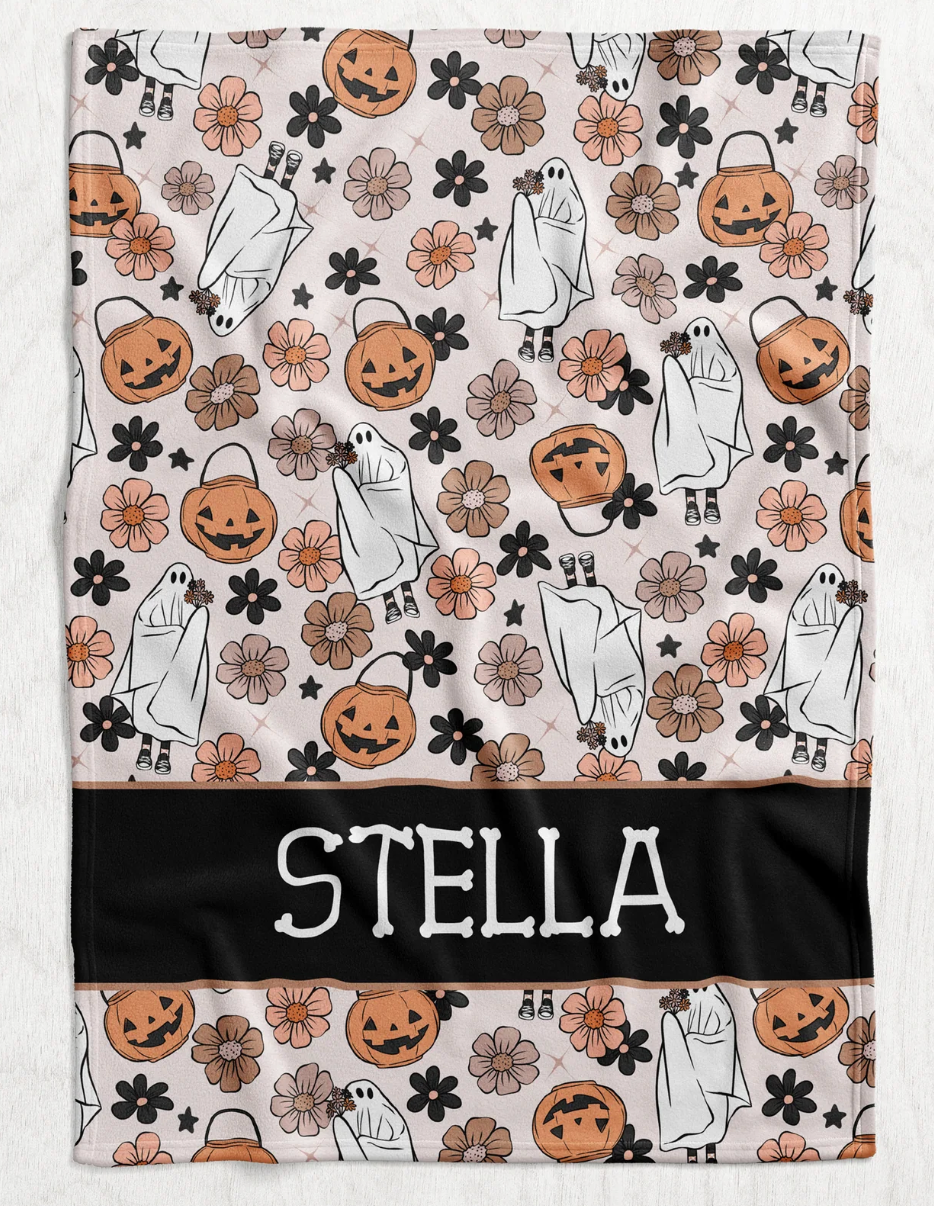 Custom Personalized Plush Minky Blanket - Floral Halloween Name Block Style // 3 sizes