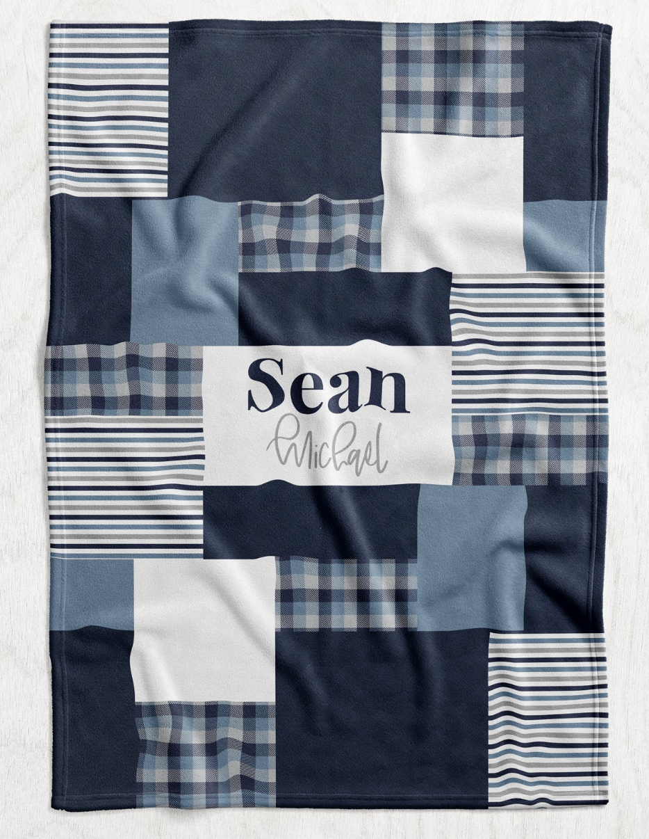 Custom Personalized Plush Minky Blanket - Basic Blues Faux Quilt Style // 3 sizes