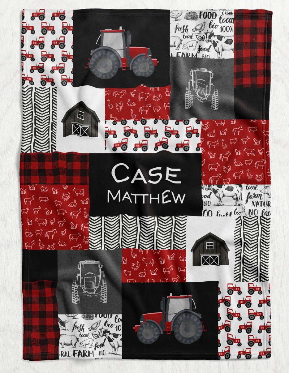 Custom Personalized Plush Minky Blanket - Red Tractor Faux Quilt Style // 3 sizes