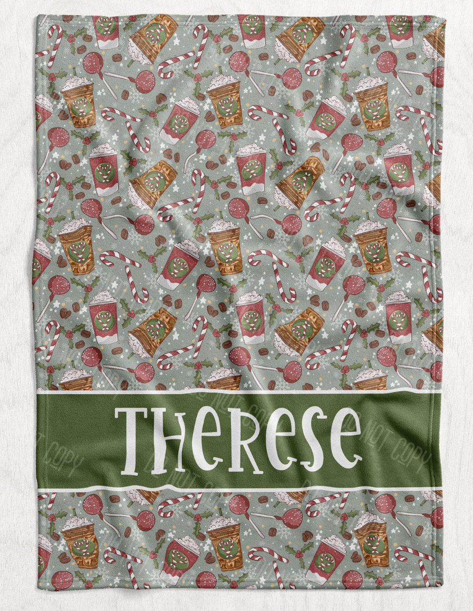 Custom Personalized Plush Minky Blanket - Green Holiday Coffee Faux Quilt Style // 3 sizes