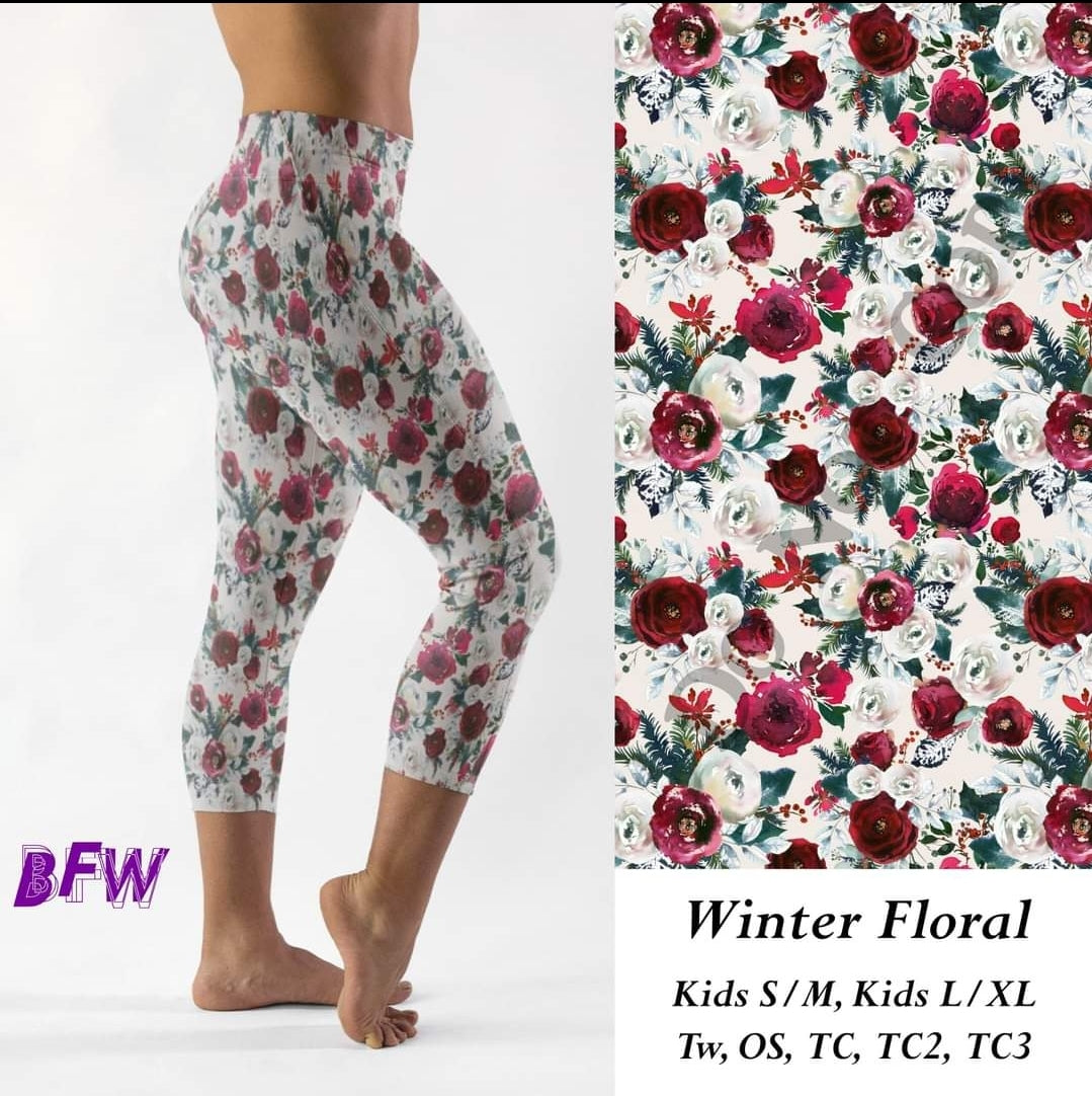 Winter floral Leggings, Capris or Skorts