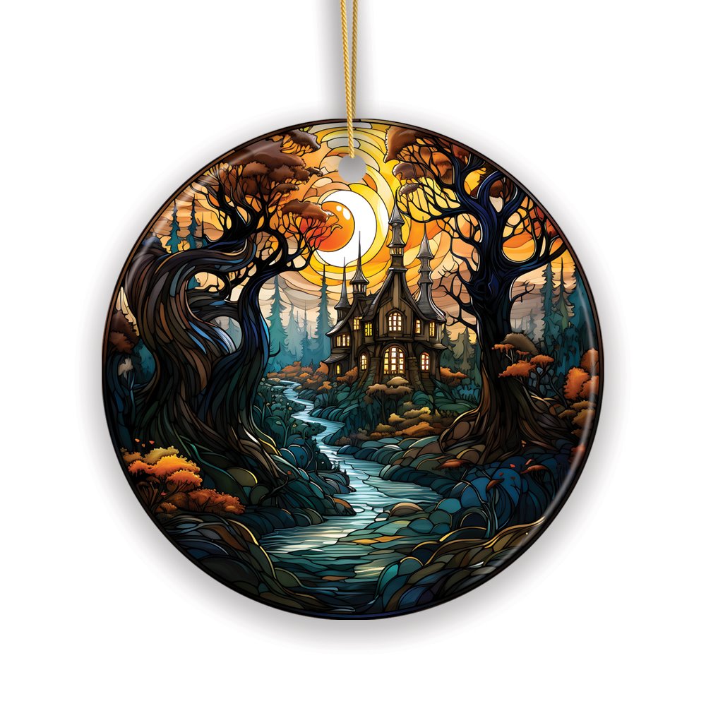 Sinister Manor Haunted House Stained Glass Style Ceramic Ornament, Halloween Themed Christmas Gift and Decor