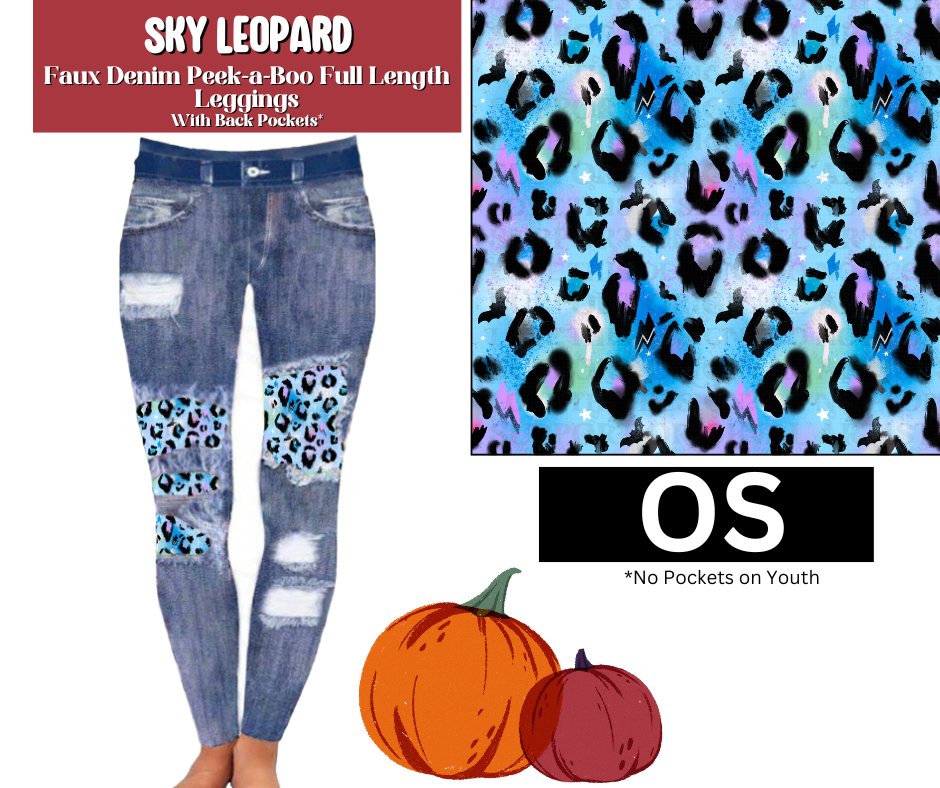 Sky Leopard Faux Denim Full Length Peekaboo Leggings