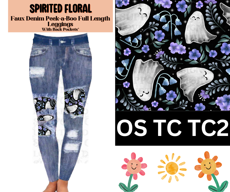 Spirited Floral Faux Denim Full Length Peekaboo Leggings
