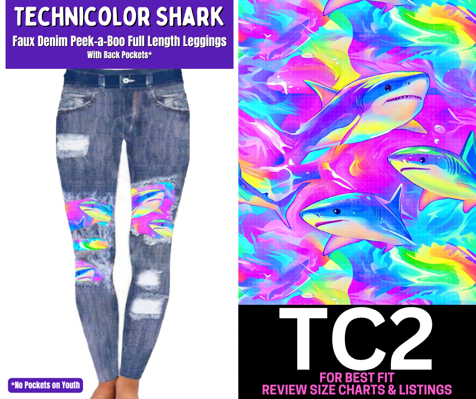 Technicolor Shark Faux Denim Full Length Peekaboo Leggings