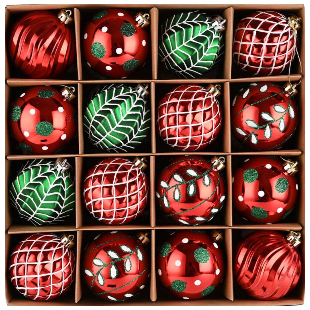 Festive Christmas Ornament Bundle, 16 Red and Green Glittered Baubles