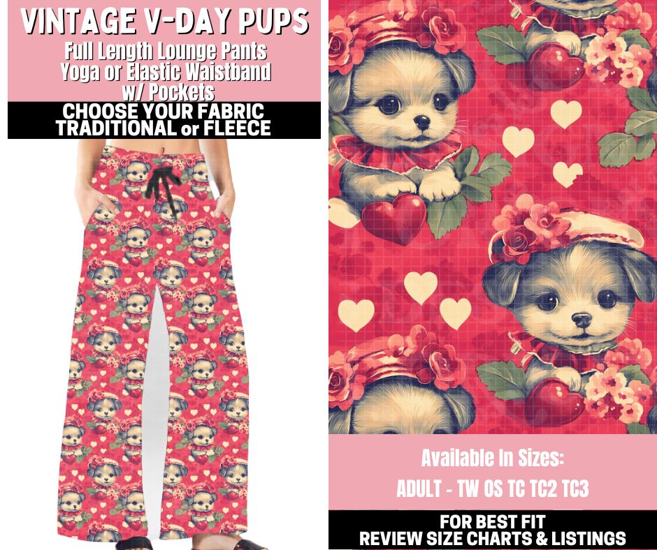 Preorder! Closes 11/12. ETA Jan. Vintage V-day Pups Lounge Pants Choose Fleece or Traditional