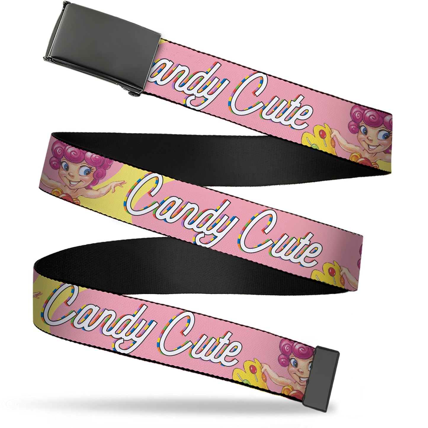 Web Belt Blank Black Buckle - Candy Land CANDY CUTE Princess Lolly Pose Pink Webbing