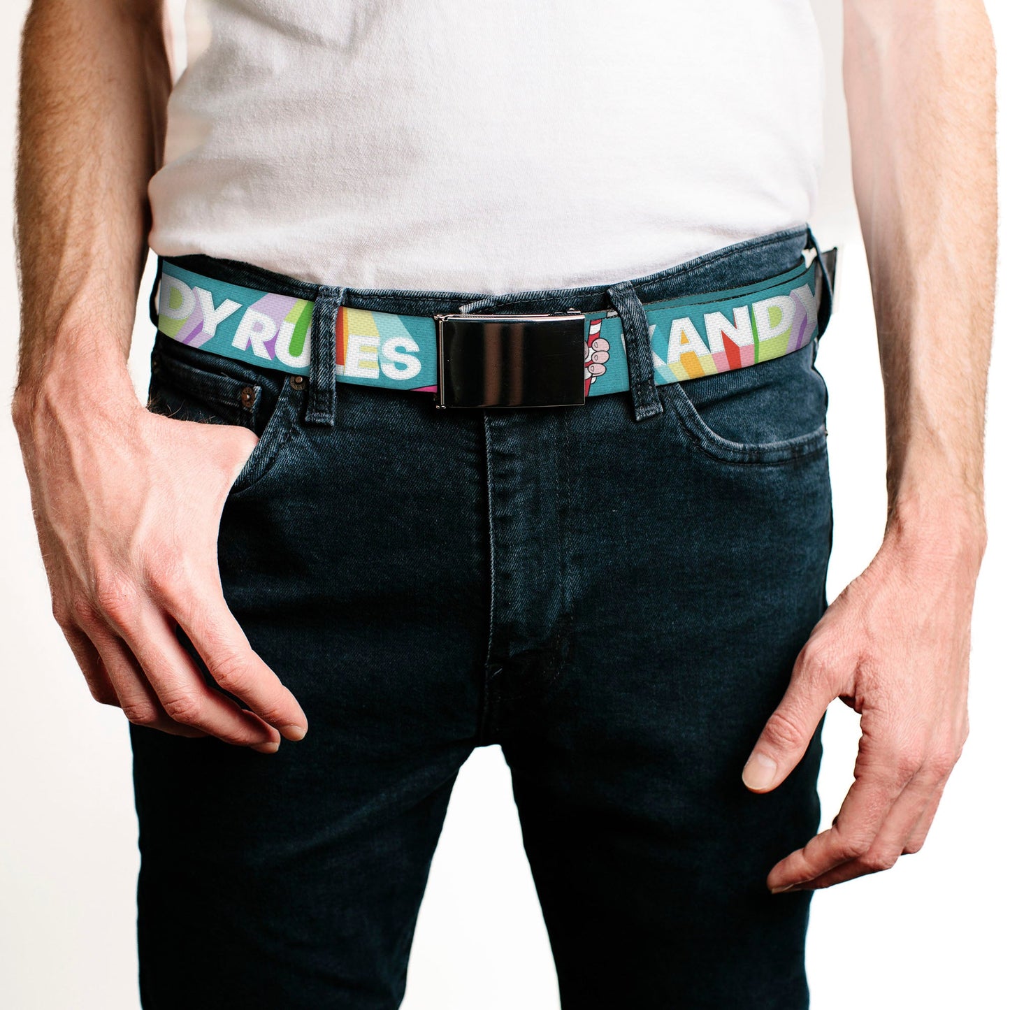 Web Belt Blank Black Buckle - Candy Land KANDY RULES King Kandy Pose Teal/Multi Color Webbing