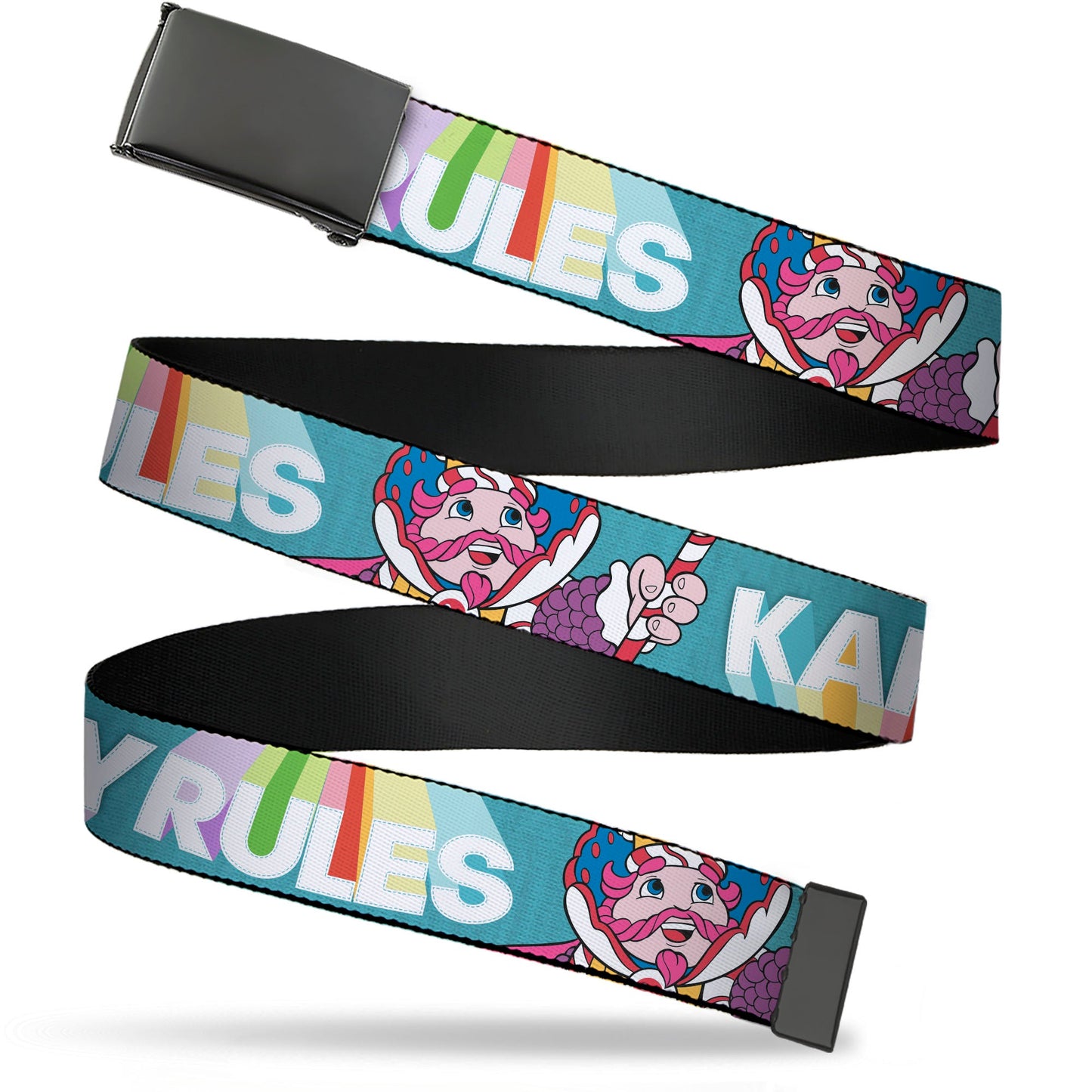 Web Belt Blank Black Buckle - Candy Land KANDY RULES King Kandy Pose Teal/Multi Color Webbing