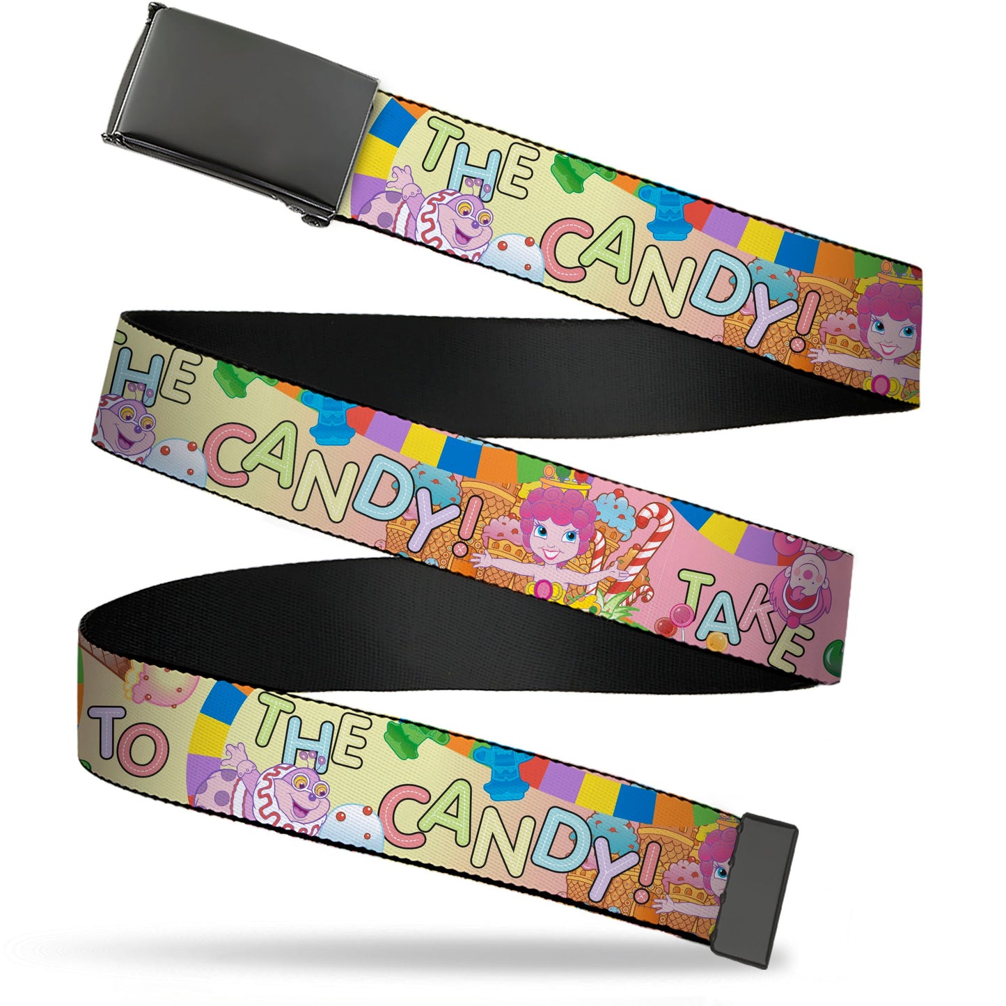 Web Belt Blank Black Buckle - Candy Land TAKE ME TO THE CANDY Character Collage Multi Color Webbing