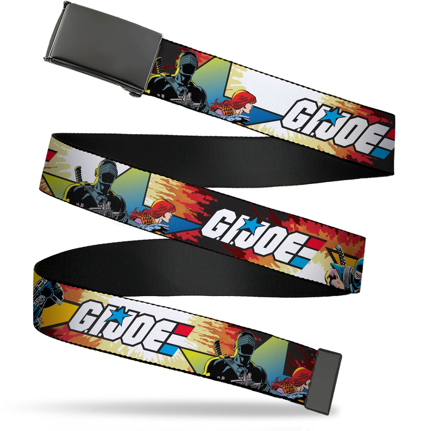Web Belt Blank Black Buckle - GI JOE Storm Shadow Snake Eyes and Scarlett Comic Cover Poses Explosion Webbing