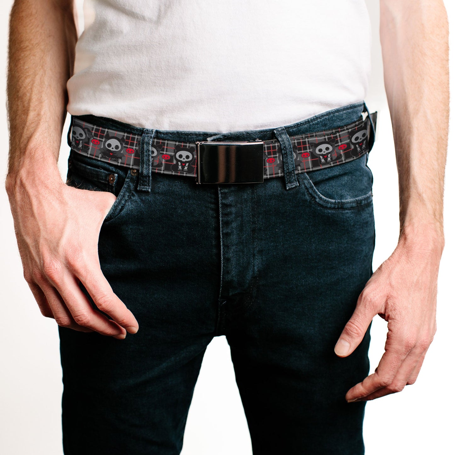 Web Belt Blank Black Buckle - Skelanimals Five Animals and Face Logo Plaid Black/Red/White Webbing