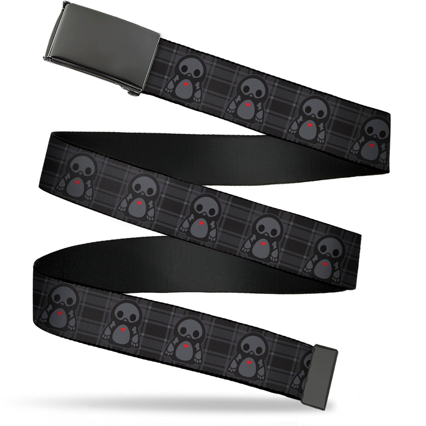 Web Belt Blank Black Buckle - Skelanimals Pen the Penguin Pose Plaid Grays/Black Webbing