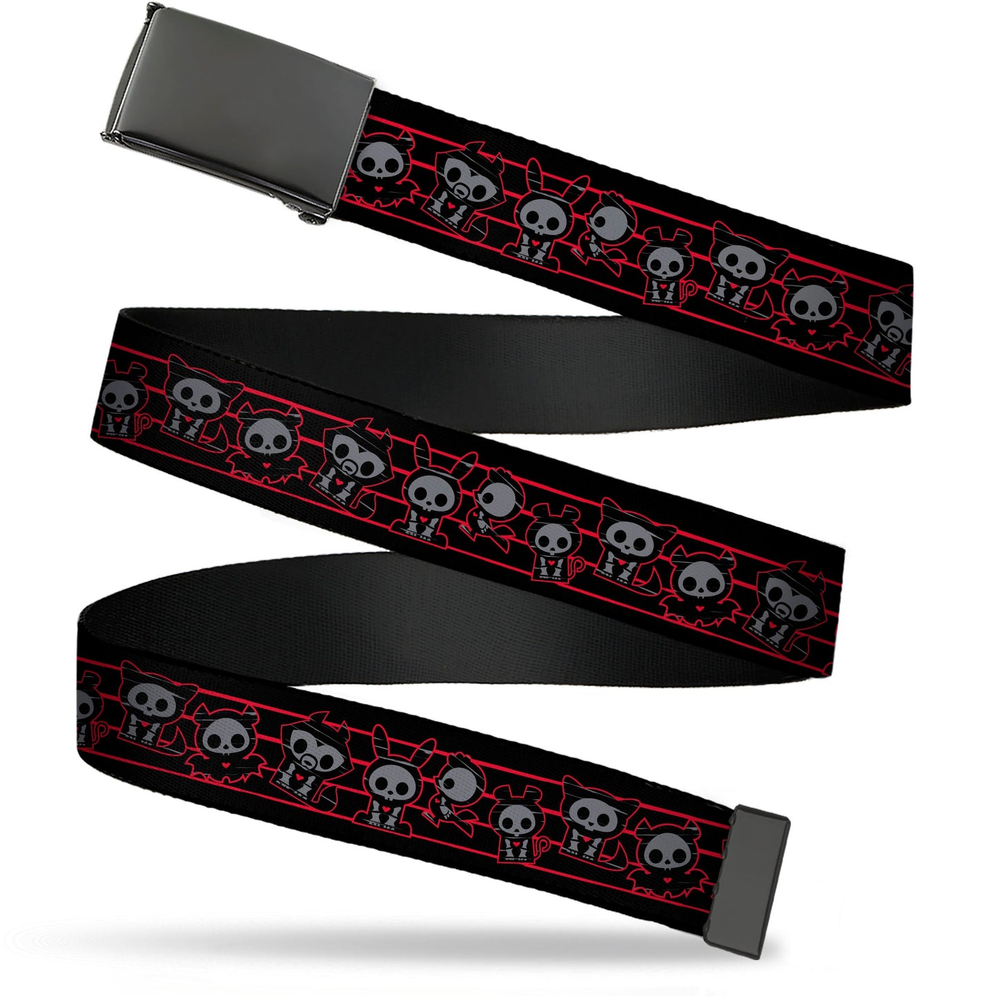 Web Belt Blank Black Buckle - Skelanimals Six Character Collage Black/Red/Grays Webbing
