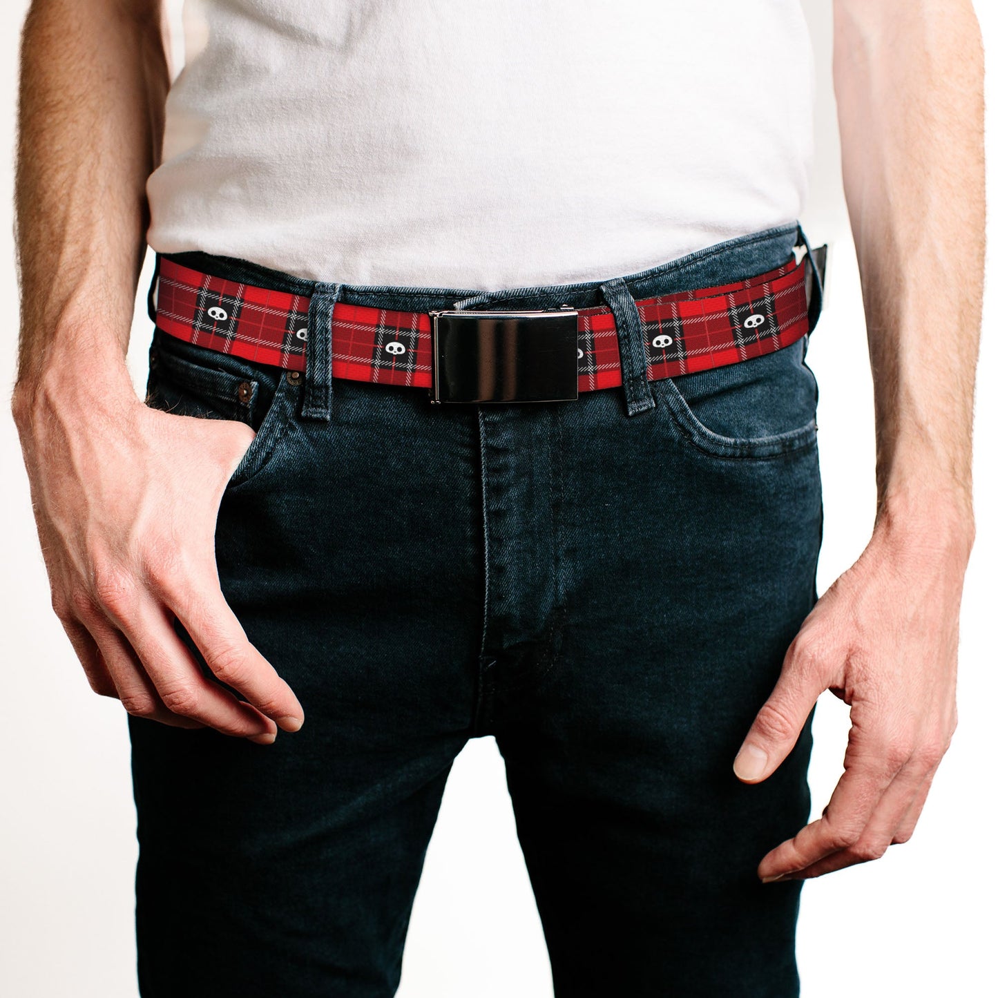 Web Belt Blank Black Buckle - Skelanimals Face Logo Plaid Red/Black/White Webbing