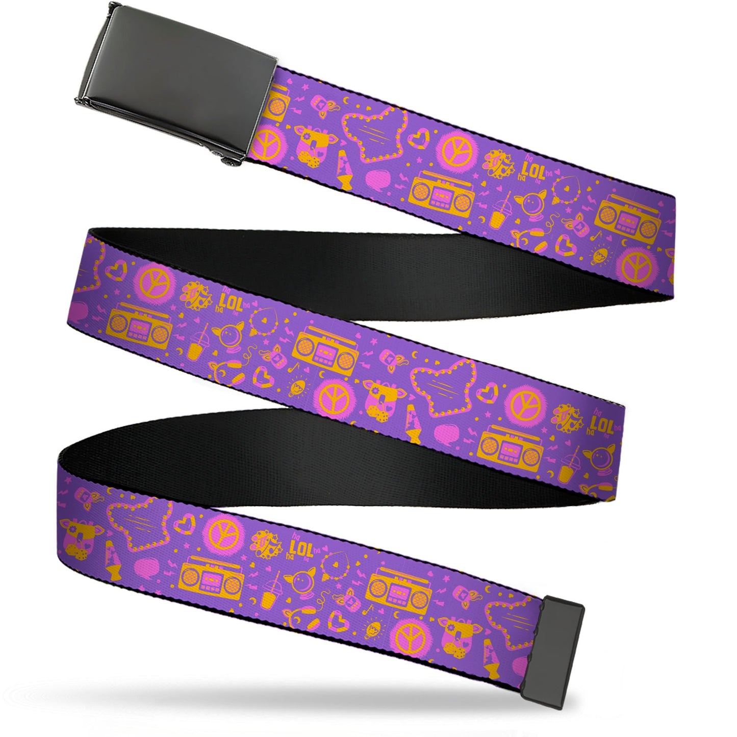 Web Belt Blank Black Buckle - Furby Icons Collage Purples/Orange/Pinks Webbing