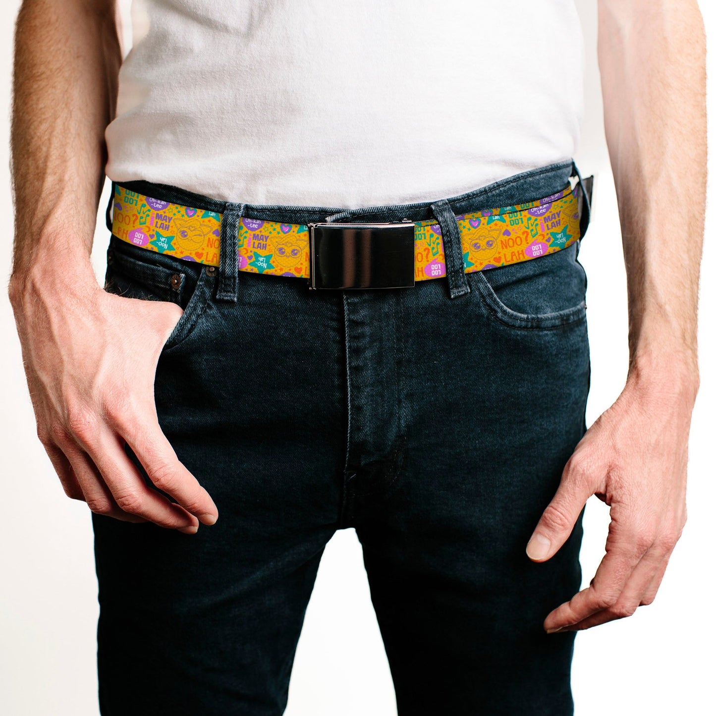 Web Belt Blank Black Buckle - Furby Furbmoji and Furbish Phrases and Icons Orange/Pink/Purple Webbing