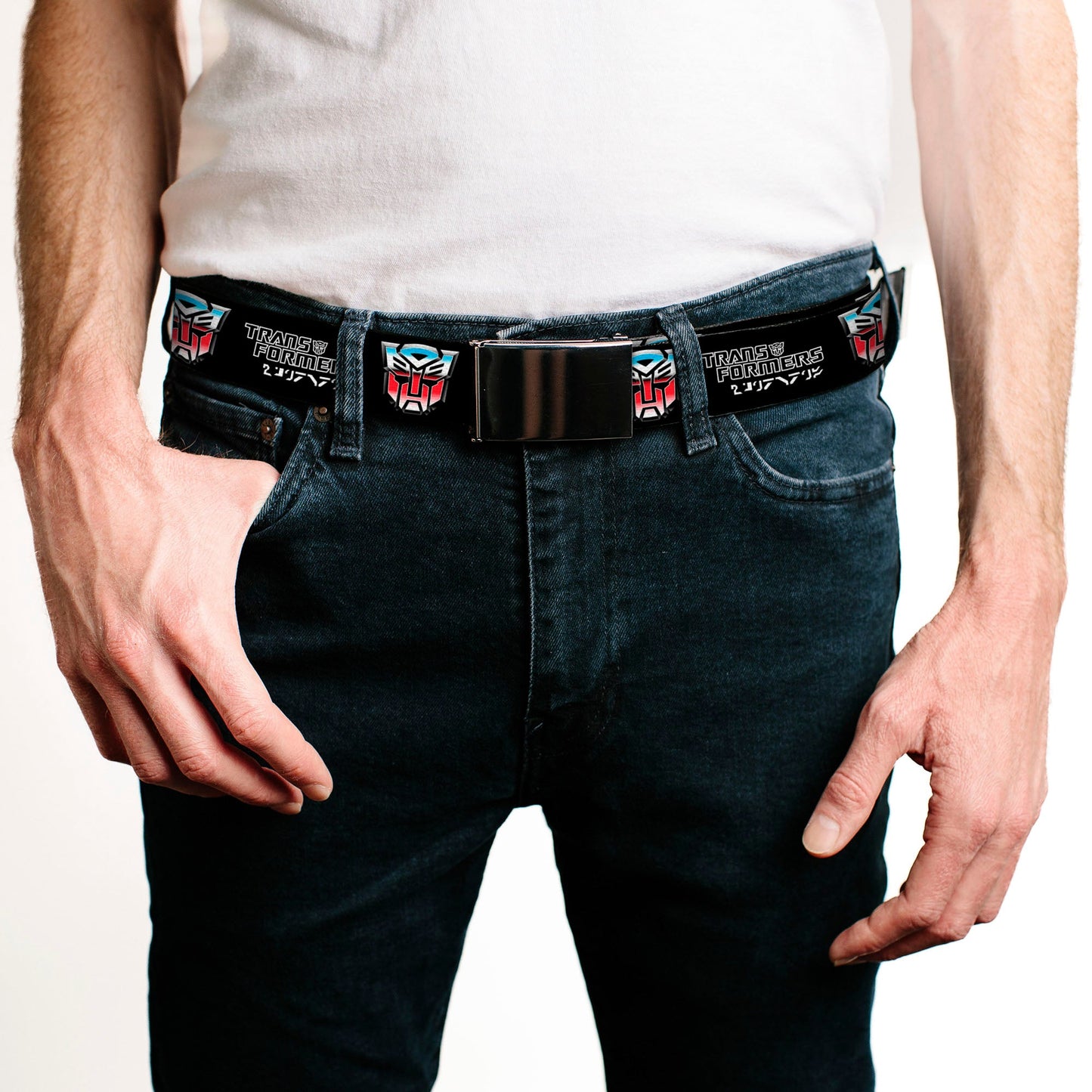 Web Belt Blank Black Buckle - TRANSFORMERS Autobots Cybertronian Icon Black/Blues/Red/White Webbing