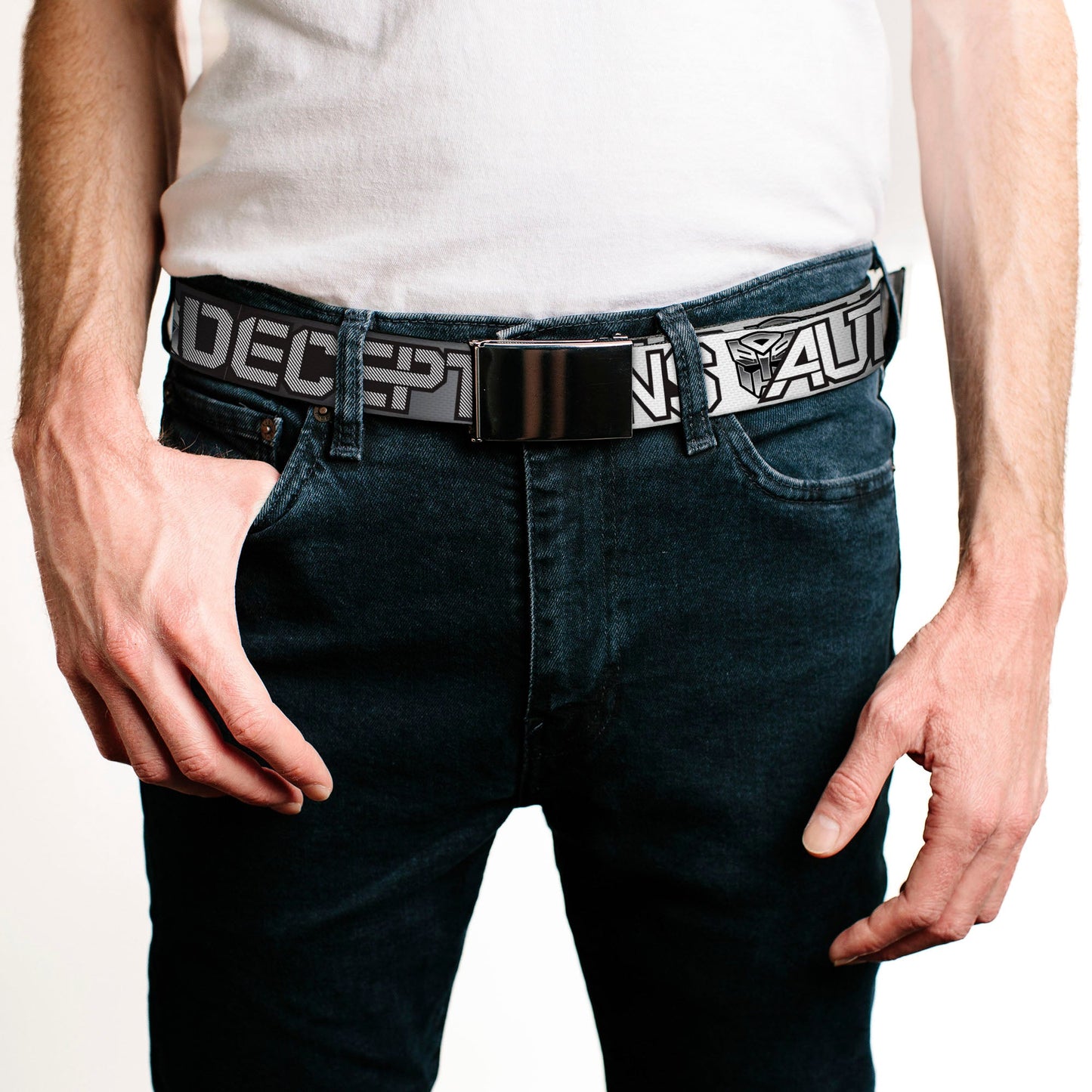 Web Belt Blank Black Buckle - Transformers AUTOBOTS DECEPTICONS Shield and Text Grays/Black/White Webbing