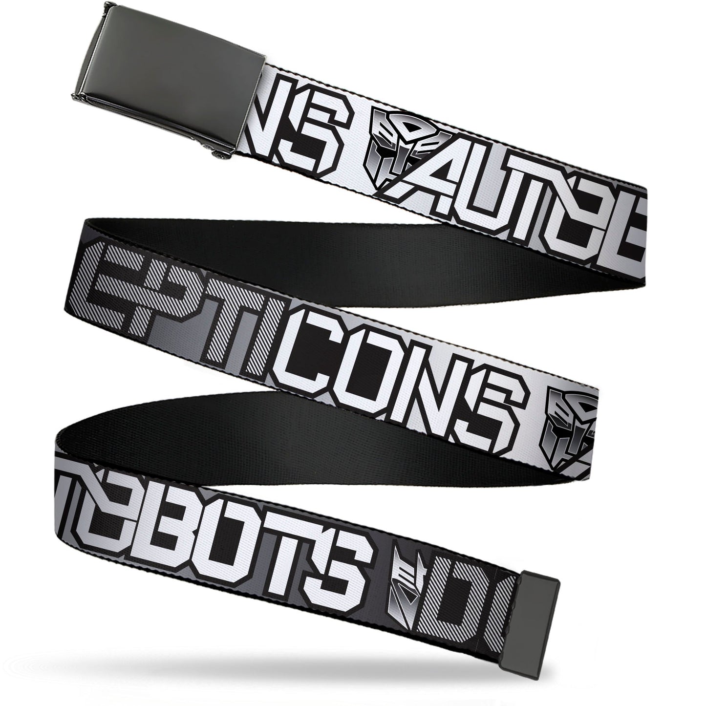 Web Belt Blank Black Buckle - Transformers AUTOBOTS DECEPTICONS Shield and Text Grays/Black/White Webbing