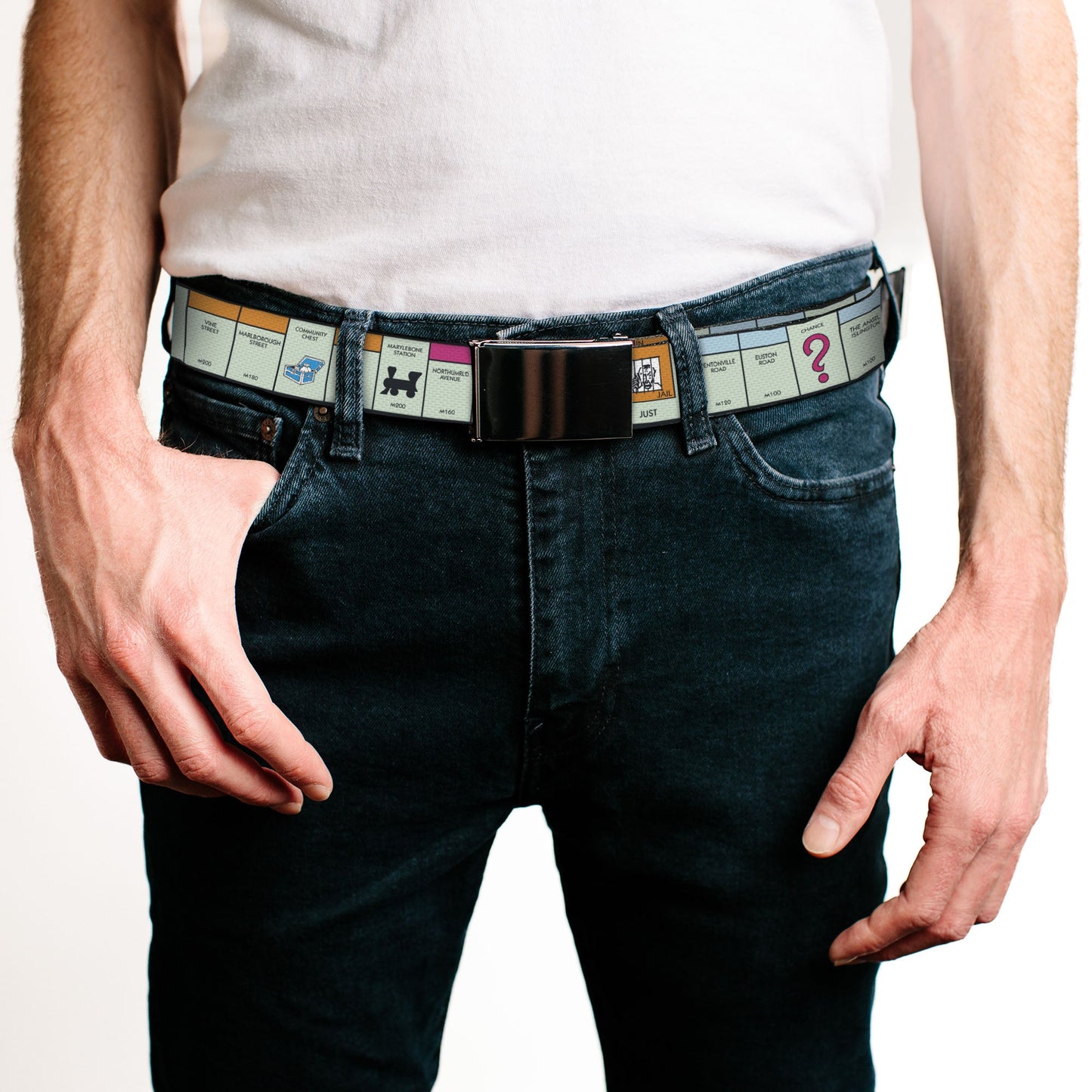 Web Belt Blank Chrome Buckle - Monopoly British UK Game Board Space Blocks Webbing
