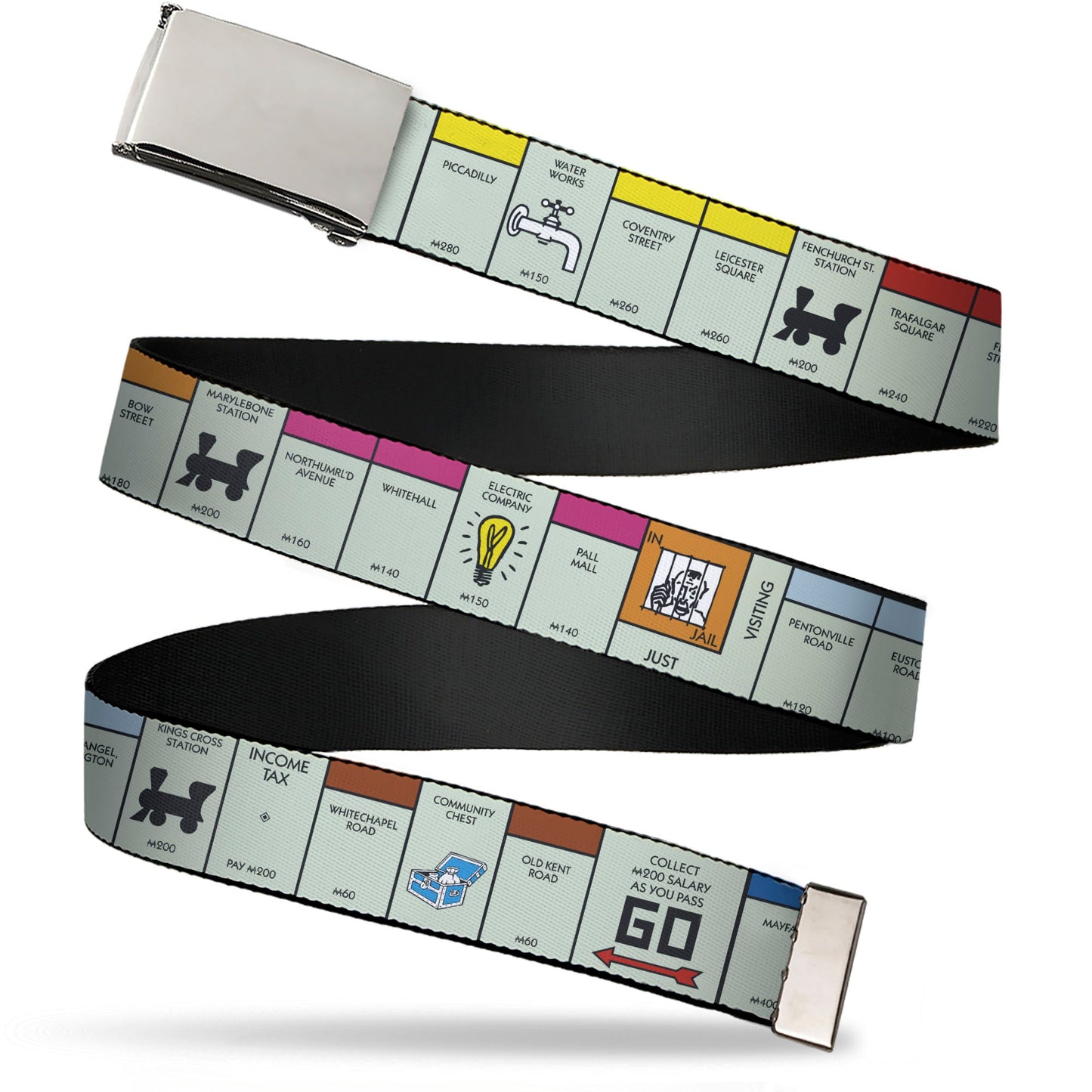 Web Belt Blank Chrome Buckle - Monopoly British UK Game Board Space Blocks Webbing