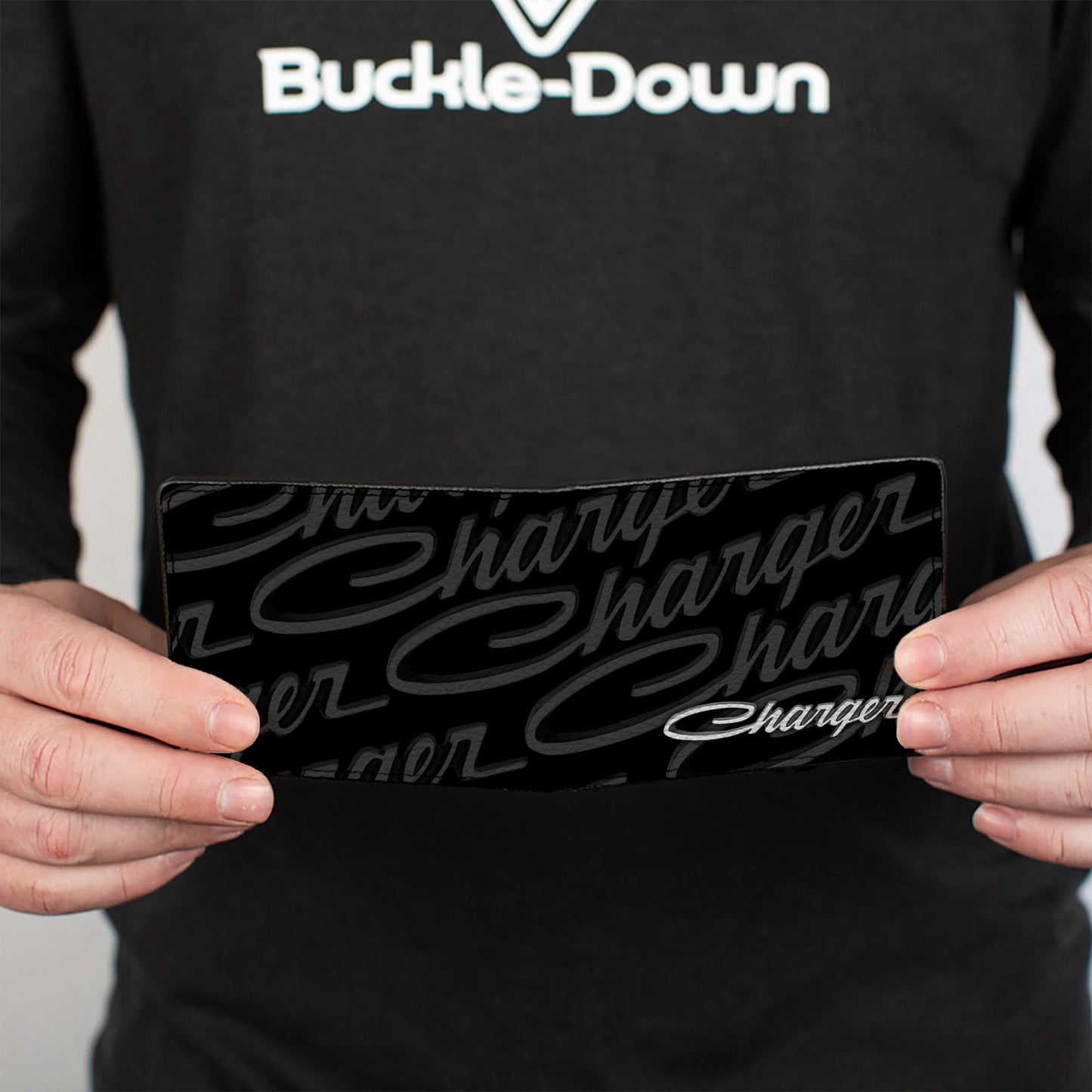 Bi-Fold Wallet - CHARGER Script Emblem Repeat Corner Black Grays White