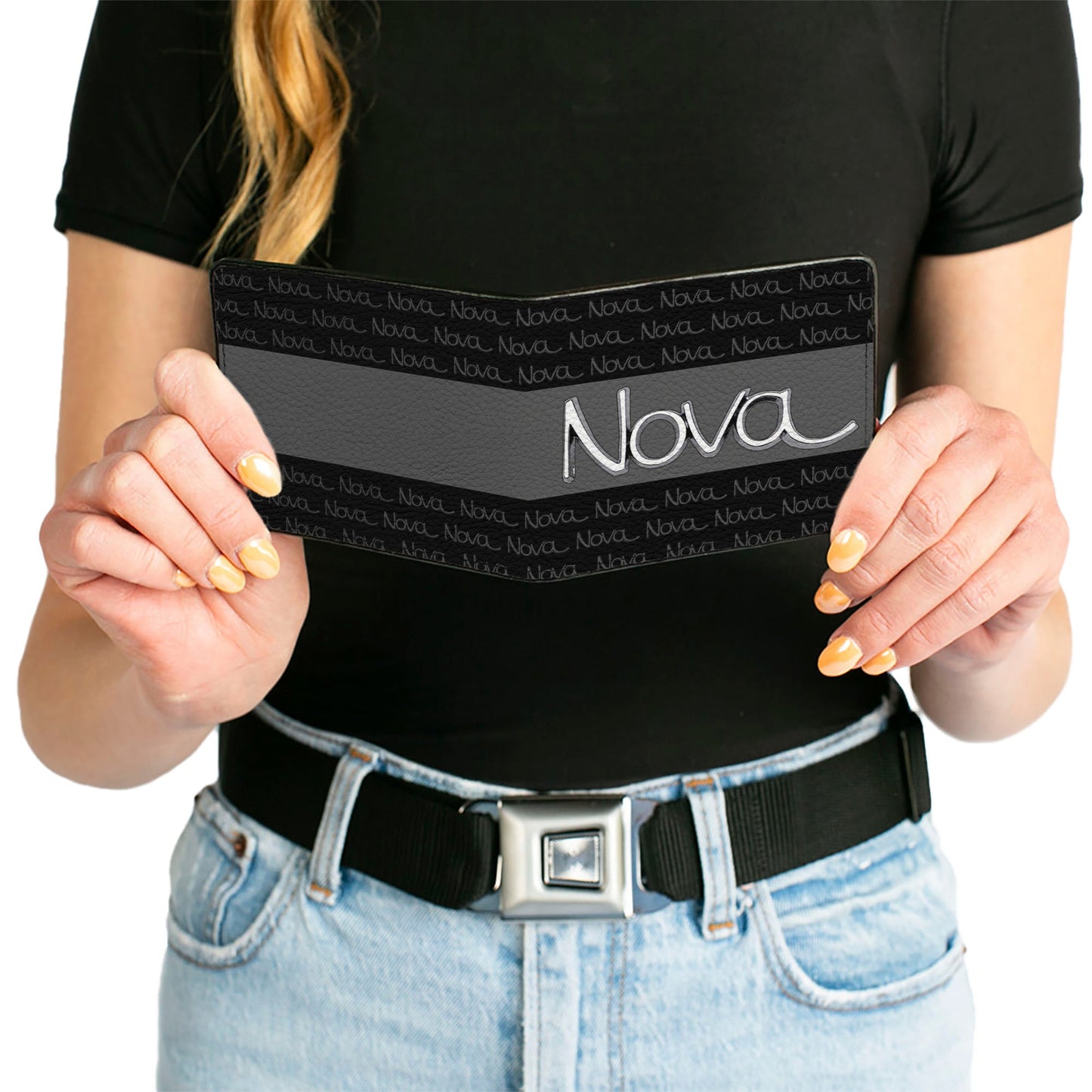 Bi-Fold Wallet - 1968-72 NOVA Script Emblem Stripe Repeat Black Gray Silver