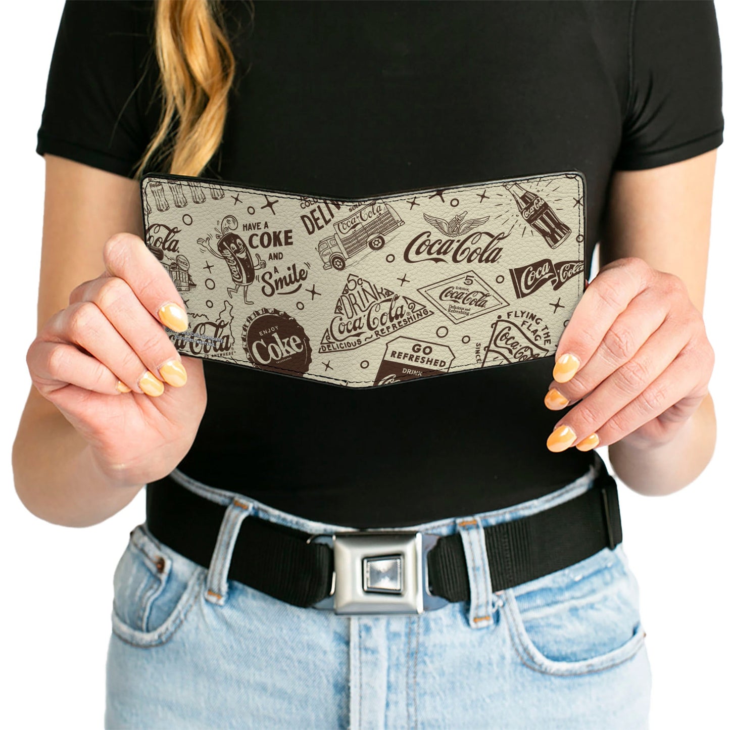 Bi-Fold Wallet - Vintage Coca-Cola HAVE A COKE AND SMILE Icons Collage Beige/Brown