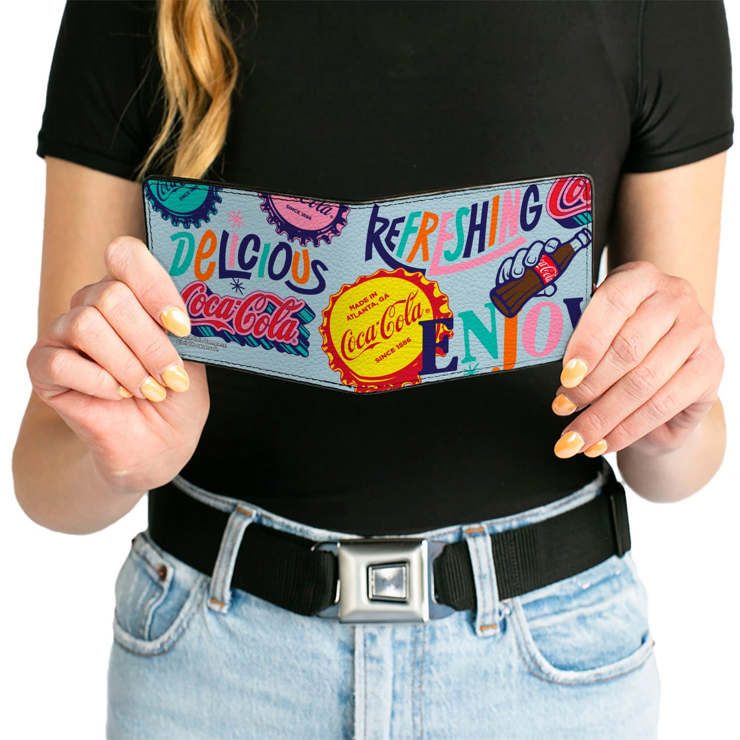 Bi-Fold Wallet - COCA-COLA DELICIOUS REFRESHING Bottle Caps Light Blue/Multi Color