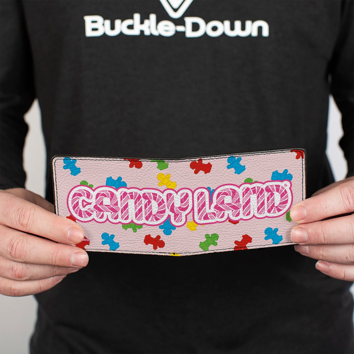 Bi-Fold Wallet - CANDYLAND Title Logo and Gingerbread Token Icons Scattered Pink