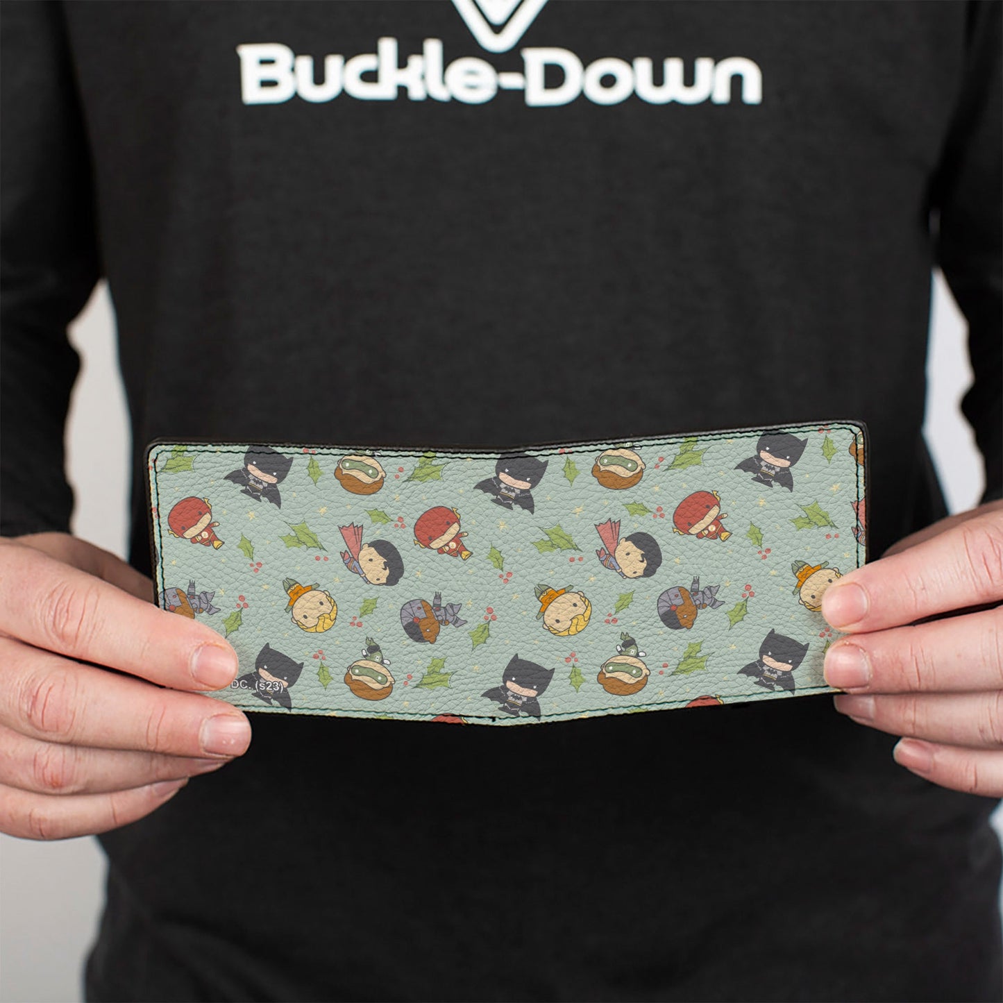 Bi-Fold Wallet - Justice League Chibi Holiday Christmas Superhero Poses and Holly Scattered