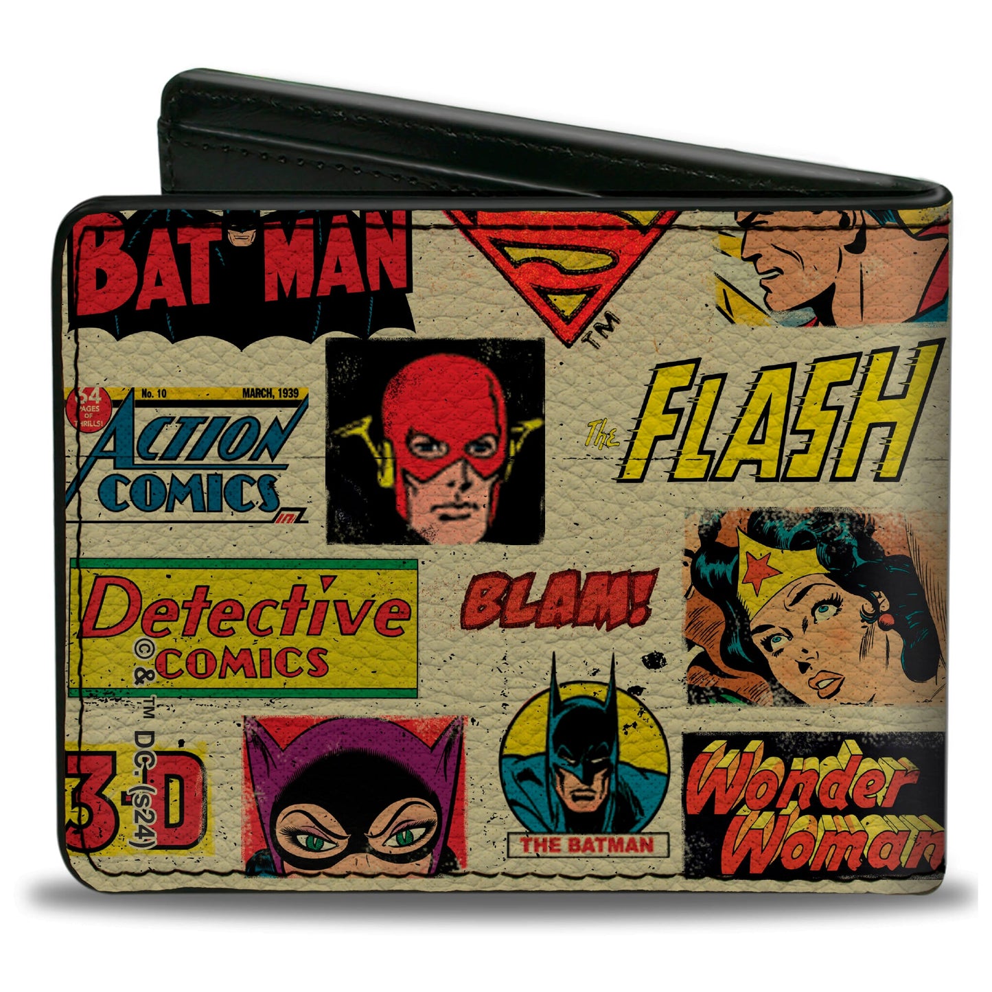 Bi-Fold Wallet - DC Comics Retro Superhero Faces and Logos Collage Ivory
